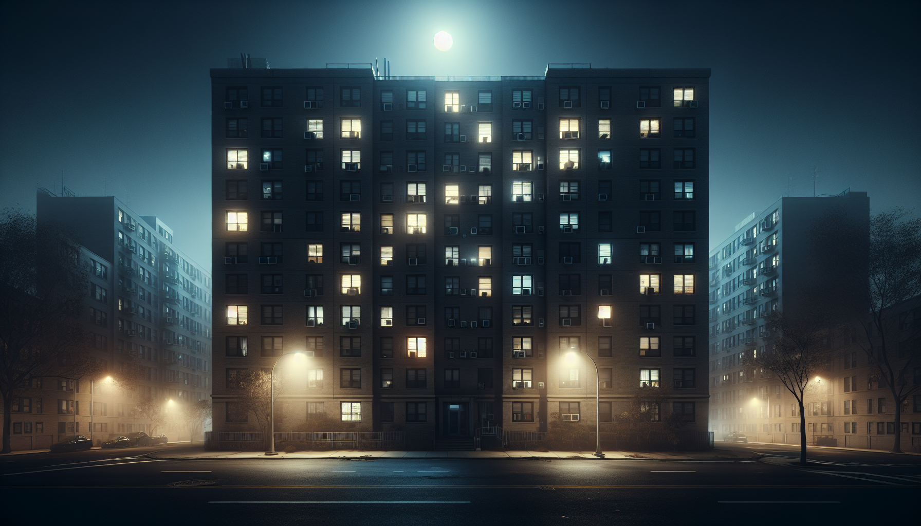 An apartment building exterior at night under a hazy moon, with uneven window lights and an empty, silent street.
