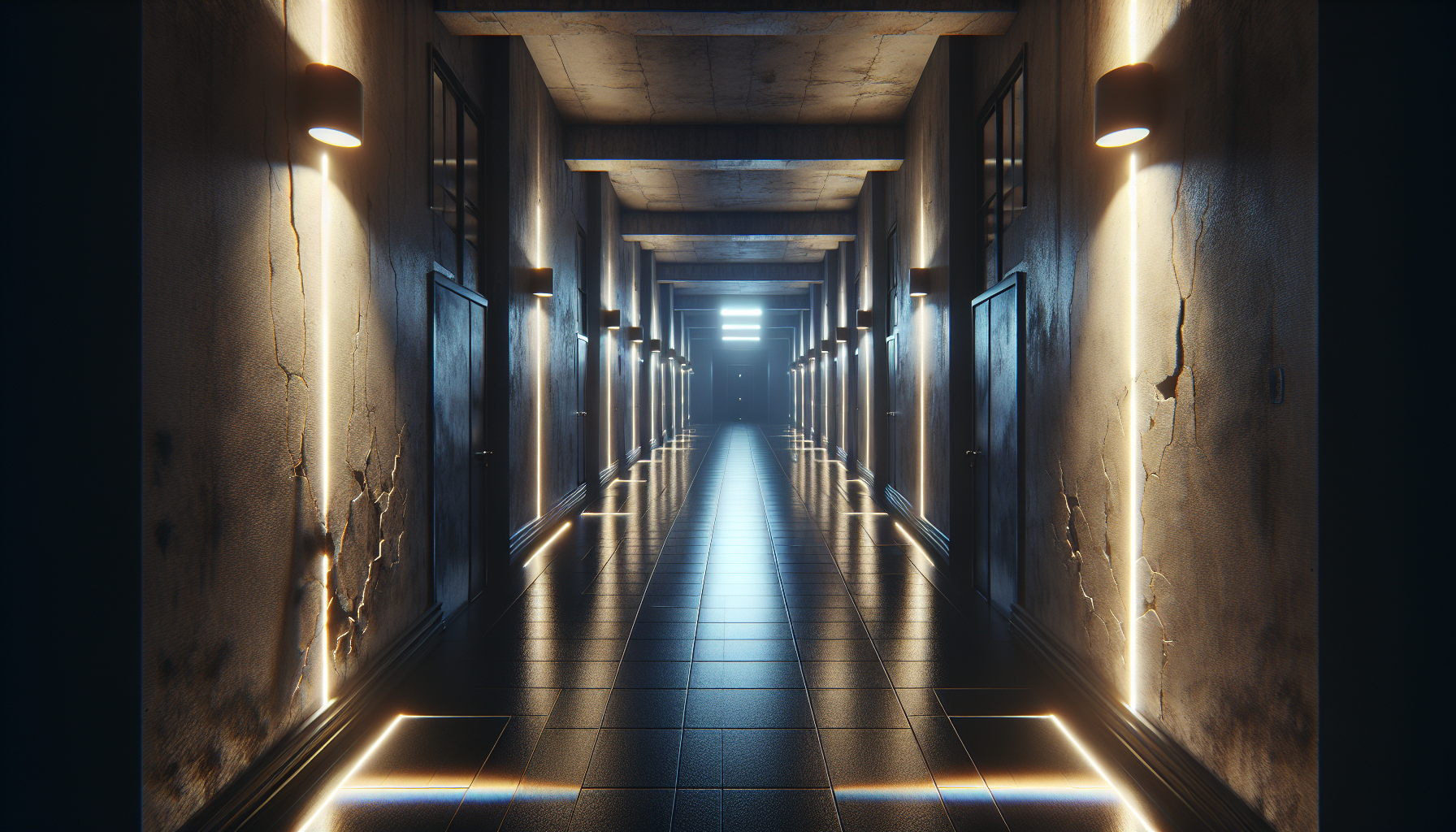 A dimly lit apartment hallway at night with flickering LED strips and long shadows stretching across cracked walls and polished tiles.