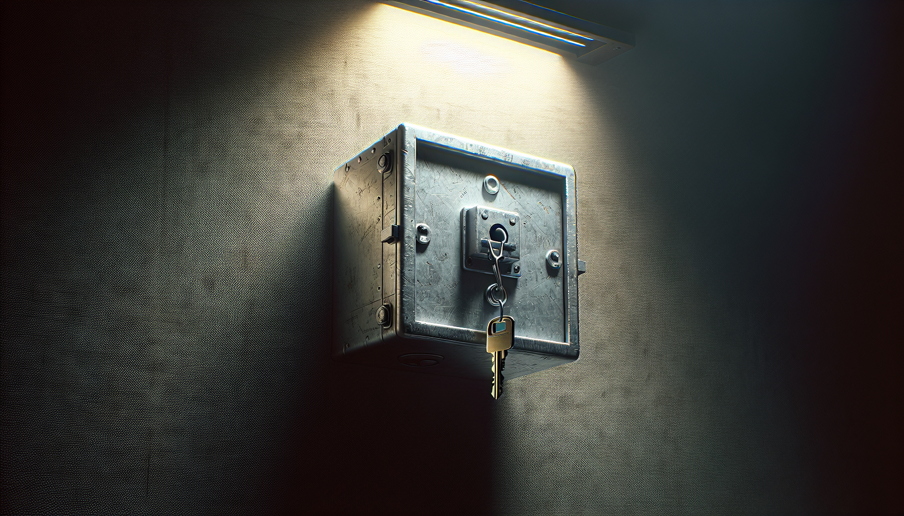 A closed metal key box with a bent latch mounted on textured drywall beneath dim fluorescent light.