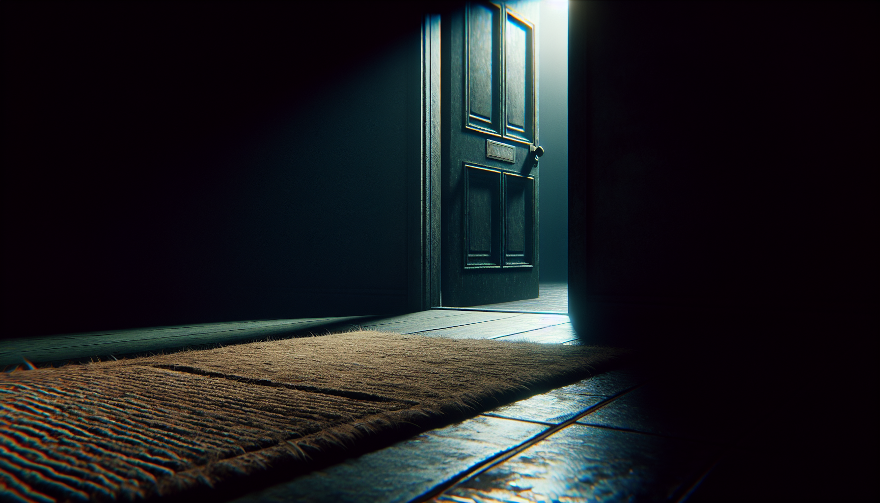 From the darkness of an apartment, a closed door glows faintly with light escaping around the edges, the air thick with suspense.