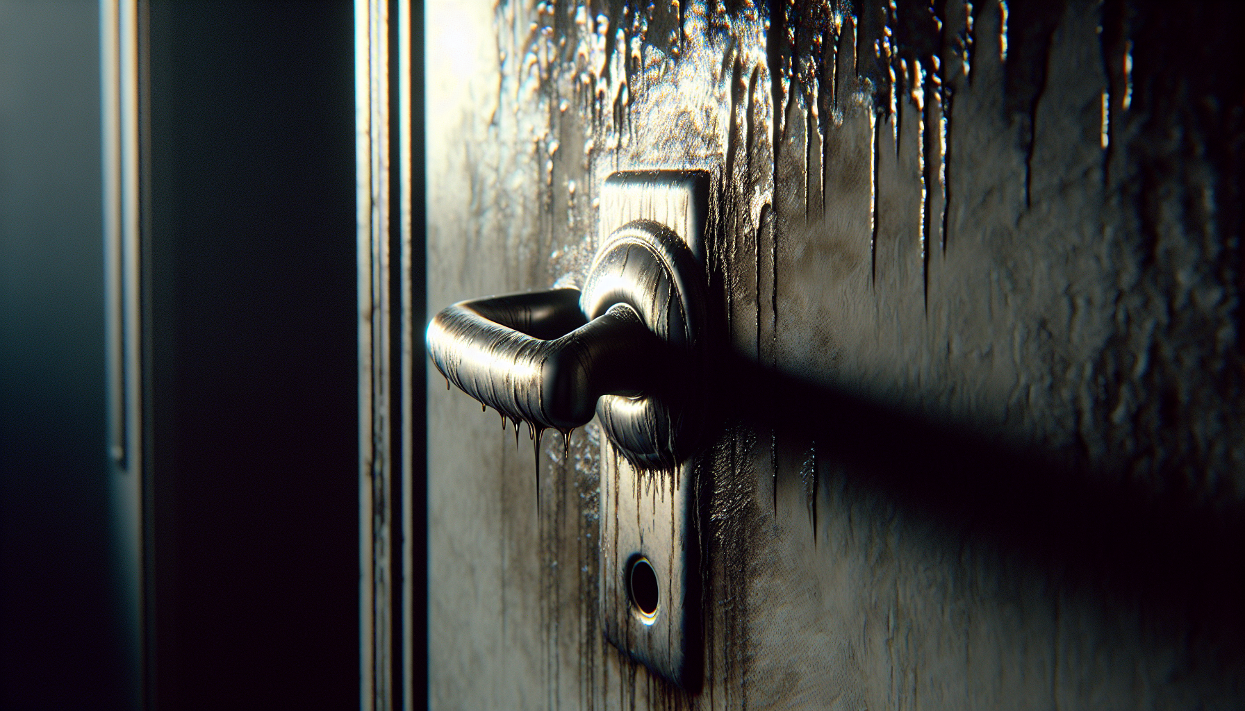 A greasy fingerprint smudge gleams on a metal door handle under dim, muted hallway light.