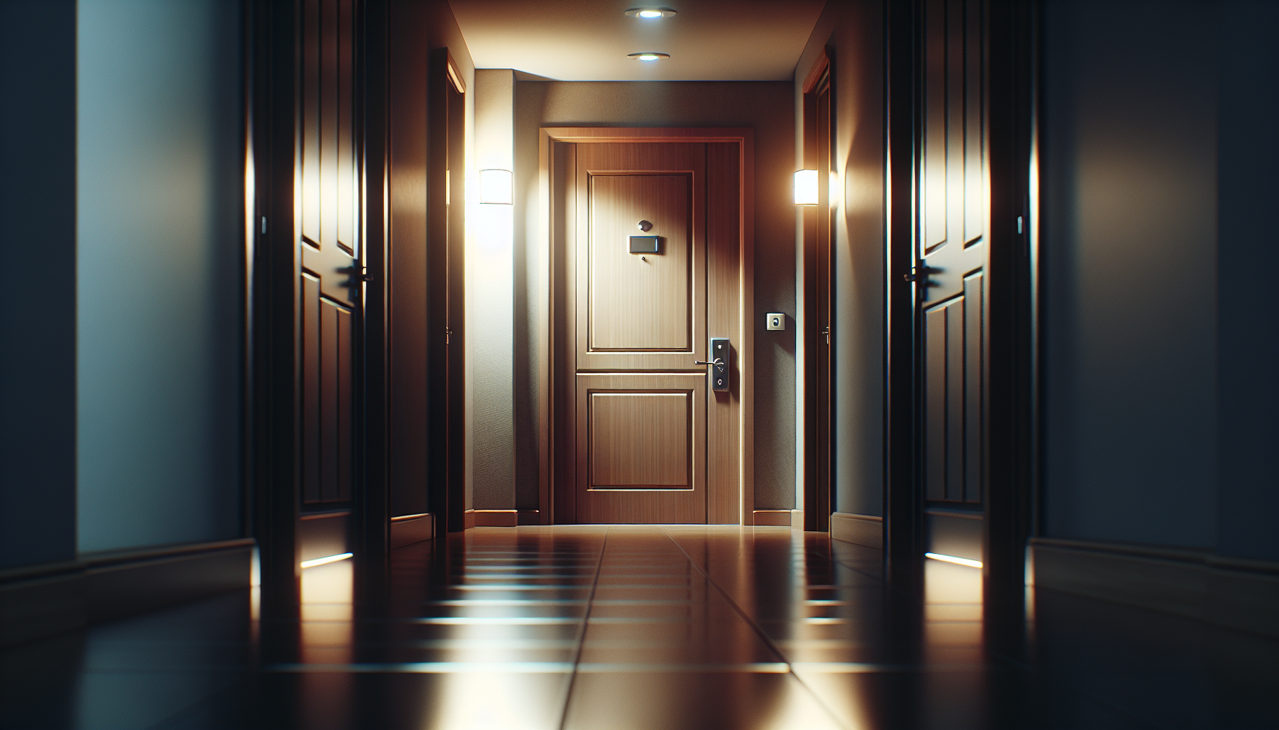 A closed apartment door with a key box showing a new dent under soft, muted hallway lighting.