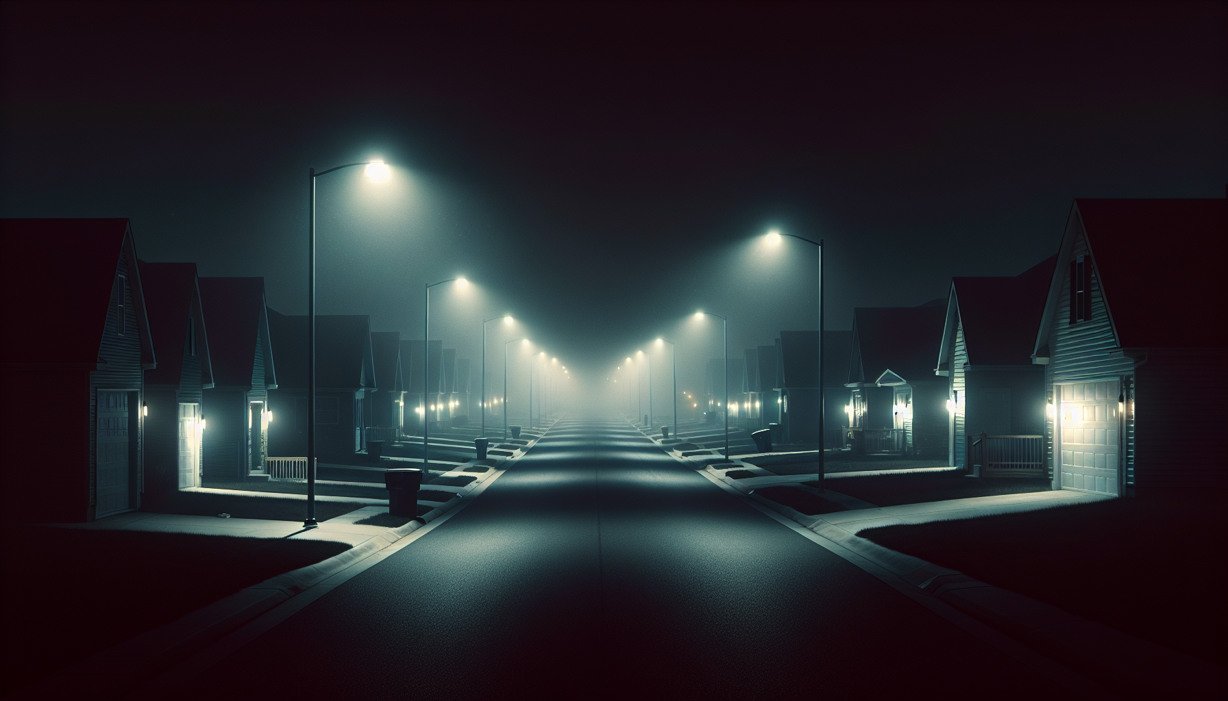 An empty suburban street at night with faint fog and scattered lamp light deepening the isolation between houses.