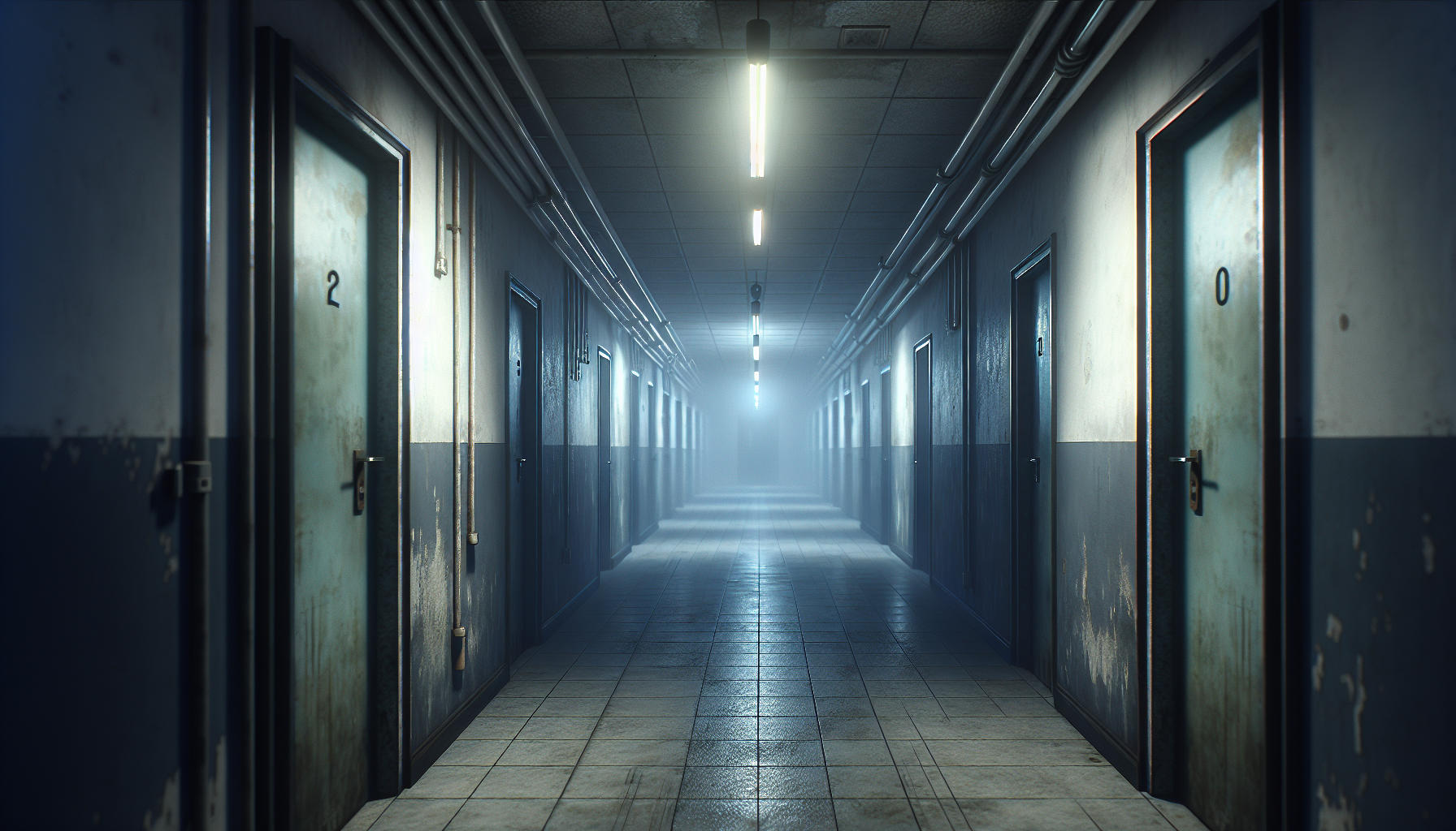 A quiet corridor lined with closed doors and patchy paint, lit dimly as cold air hangs in the stillness.