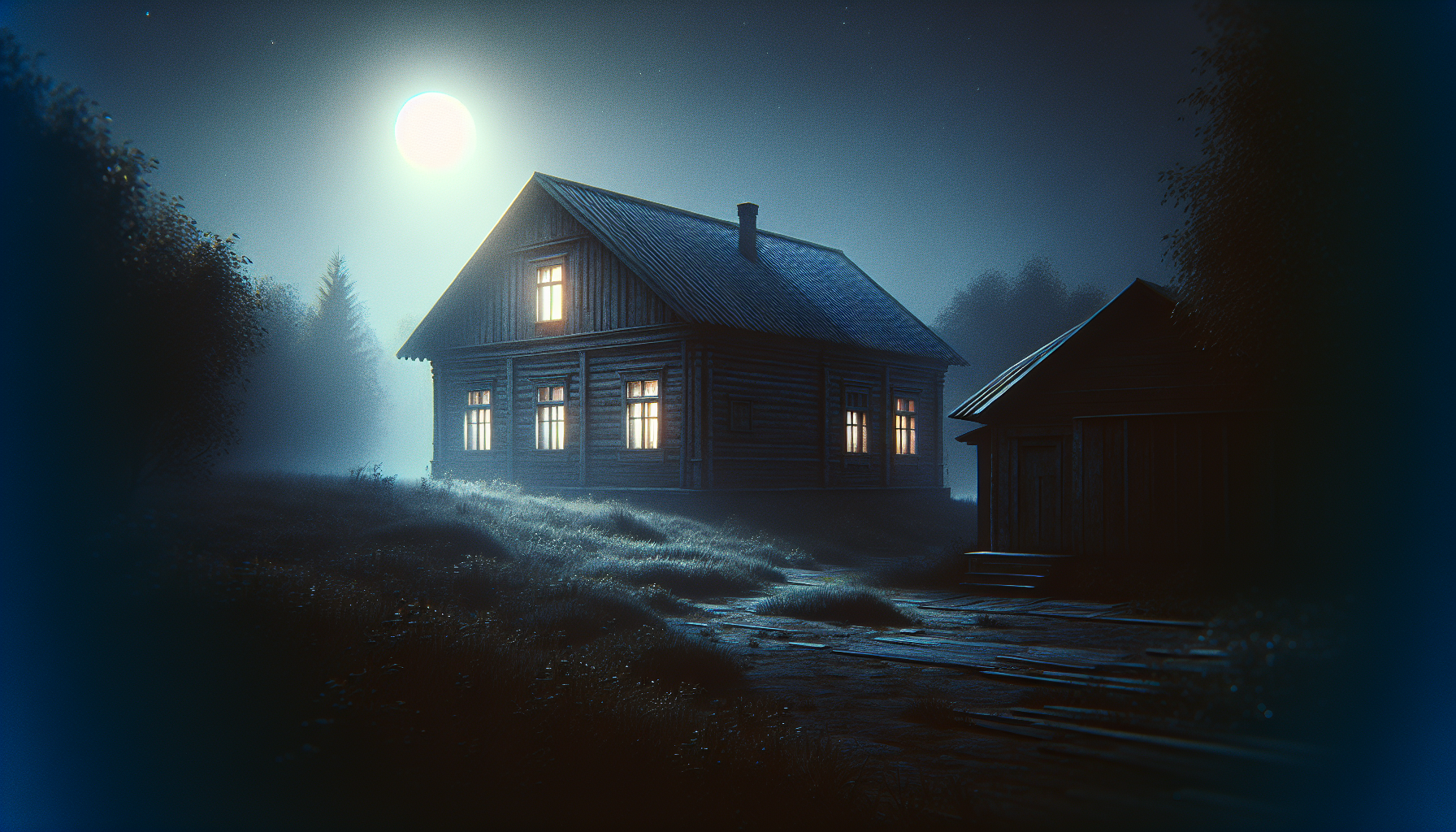 A solitary house at night under moonlight with closed windows and a silent, dark yard.