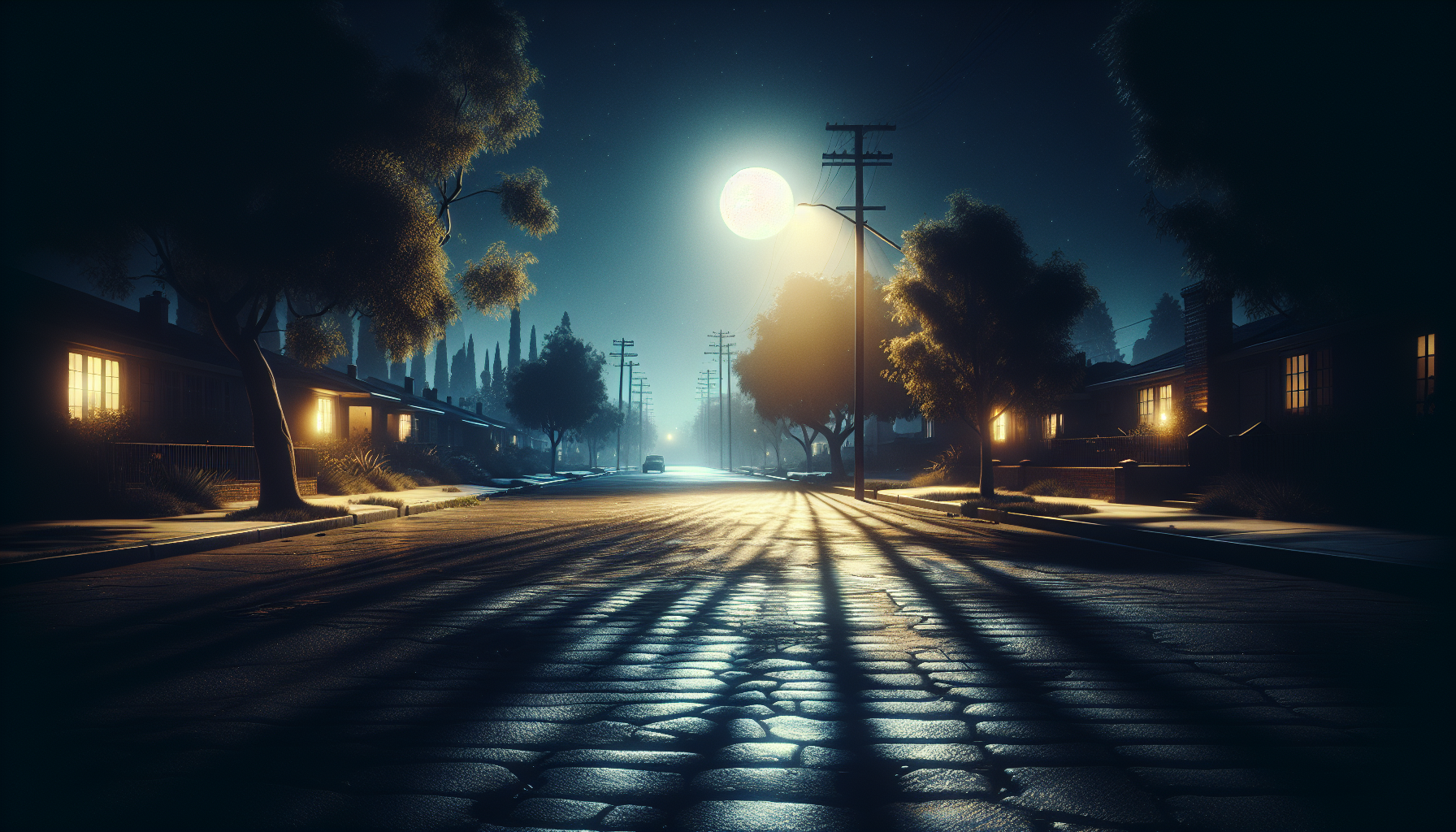 A quiet suburban street at night with dim moonlight, long shadows, and a single flickering streetlamp.