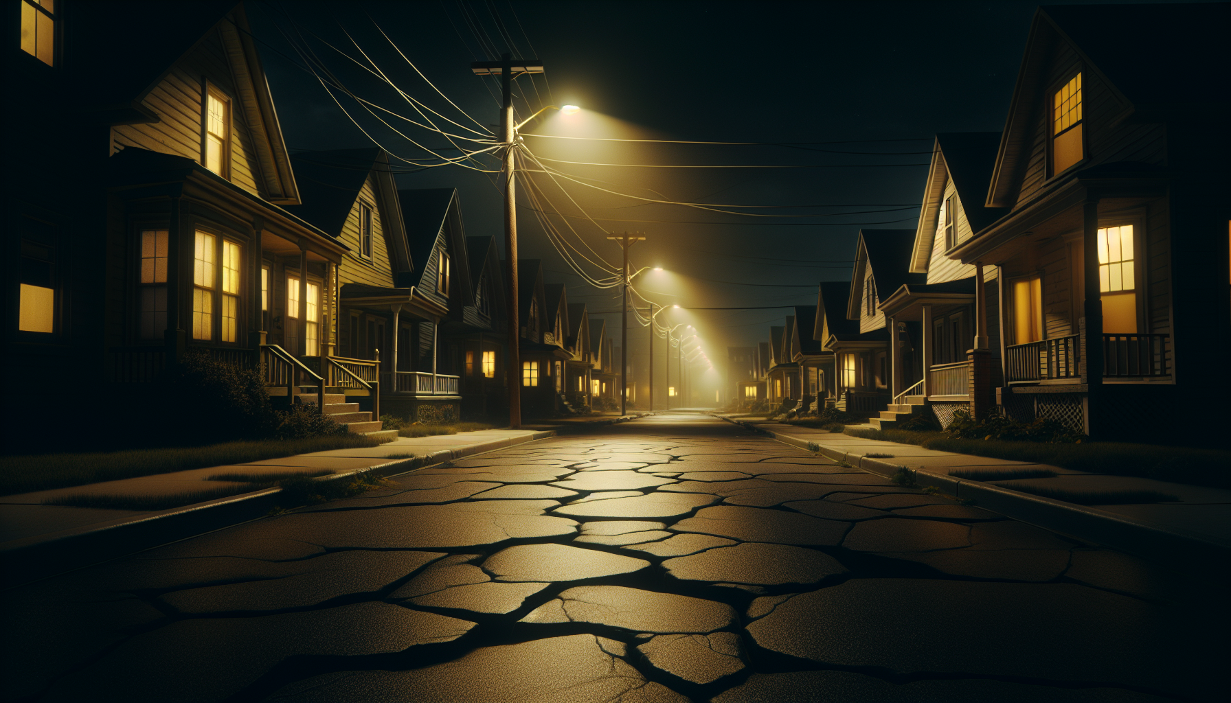 A quiet suburban street at night with streetlights casting yellow pools on cracked pavement while deep shadows hide the spaces beyond.