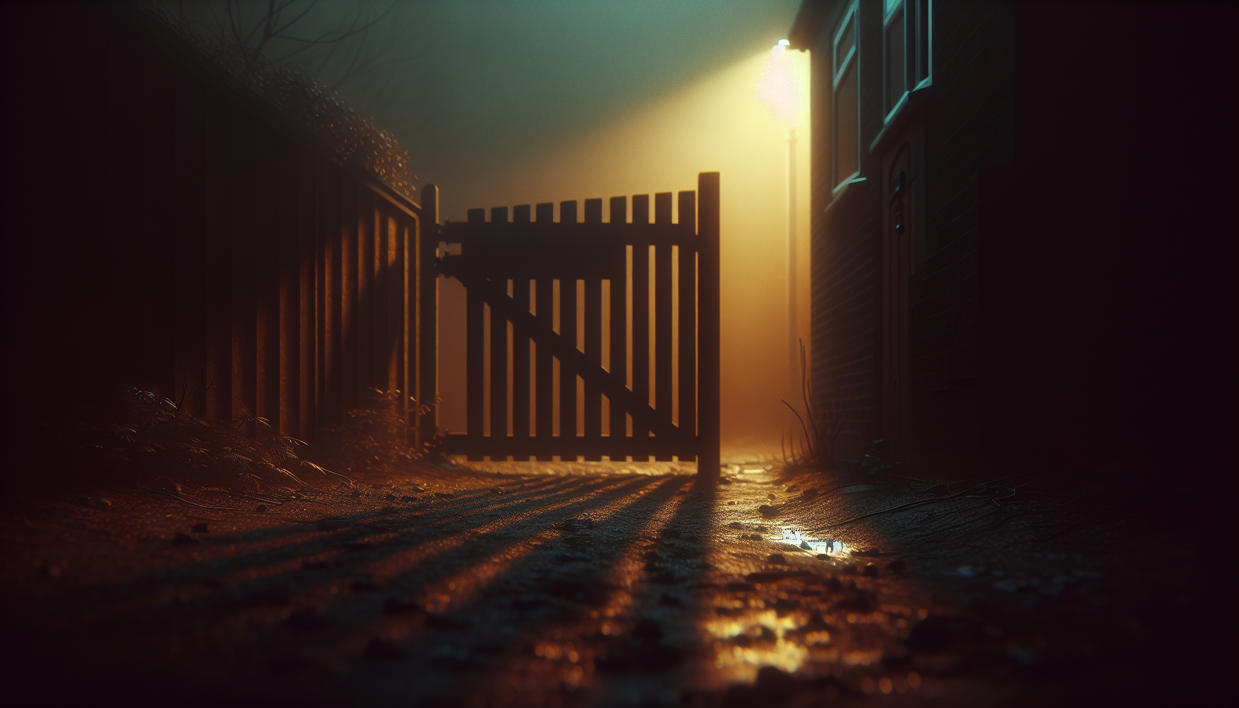 A warped suburban gate at dusk casting eerie shadows on wet dirt under fading light.