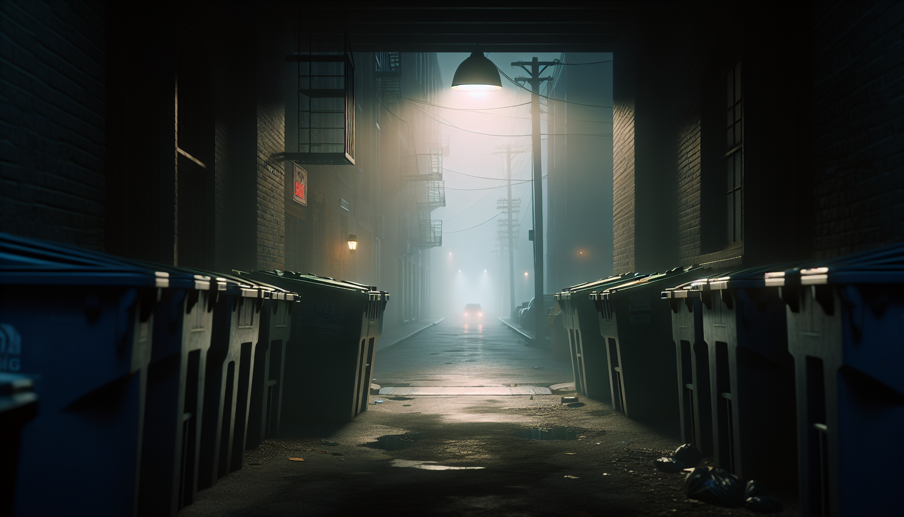 A misty alley entrance at night framed by recycling bins, with faint moonlight barely lighting the scene.