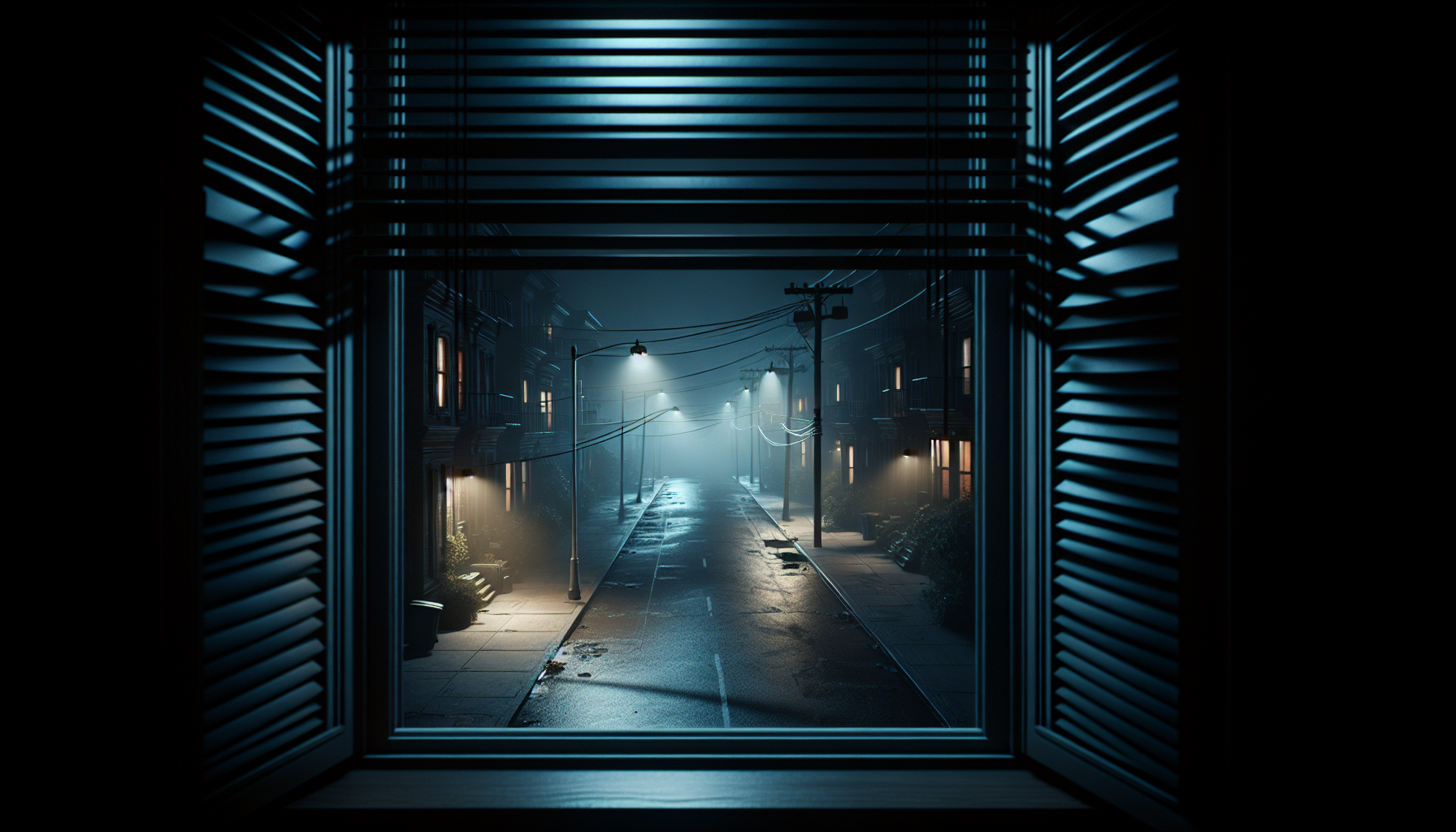 A shadowed street seen through half-opened blinds, deserted but tense under flickering nightlamps.
