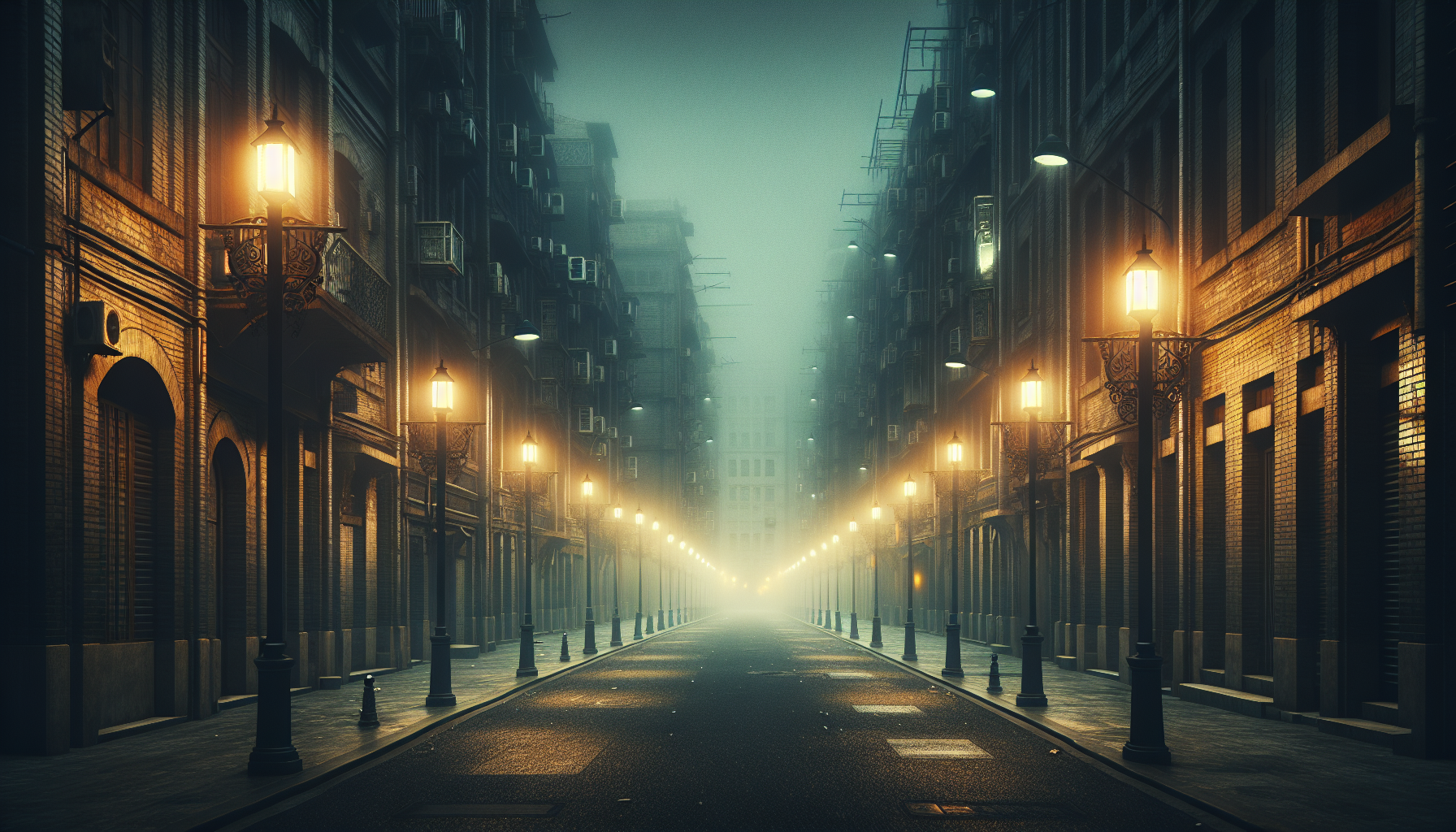 An empty street lined with old brick buildings and weak, flickering lamps in deep night humidity.