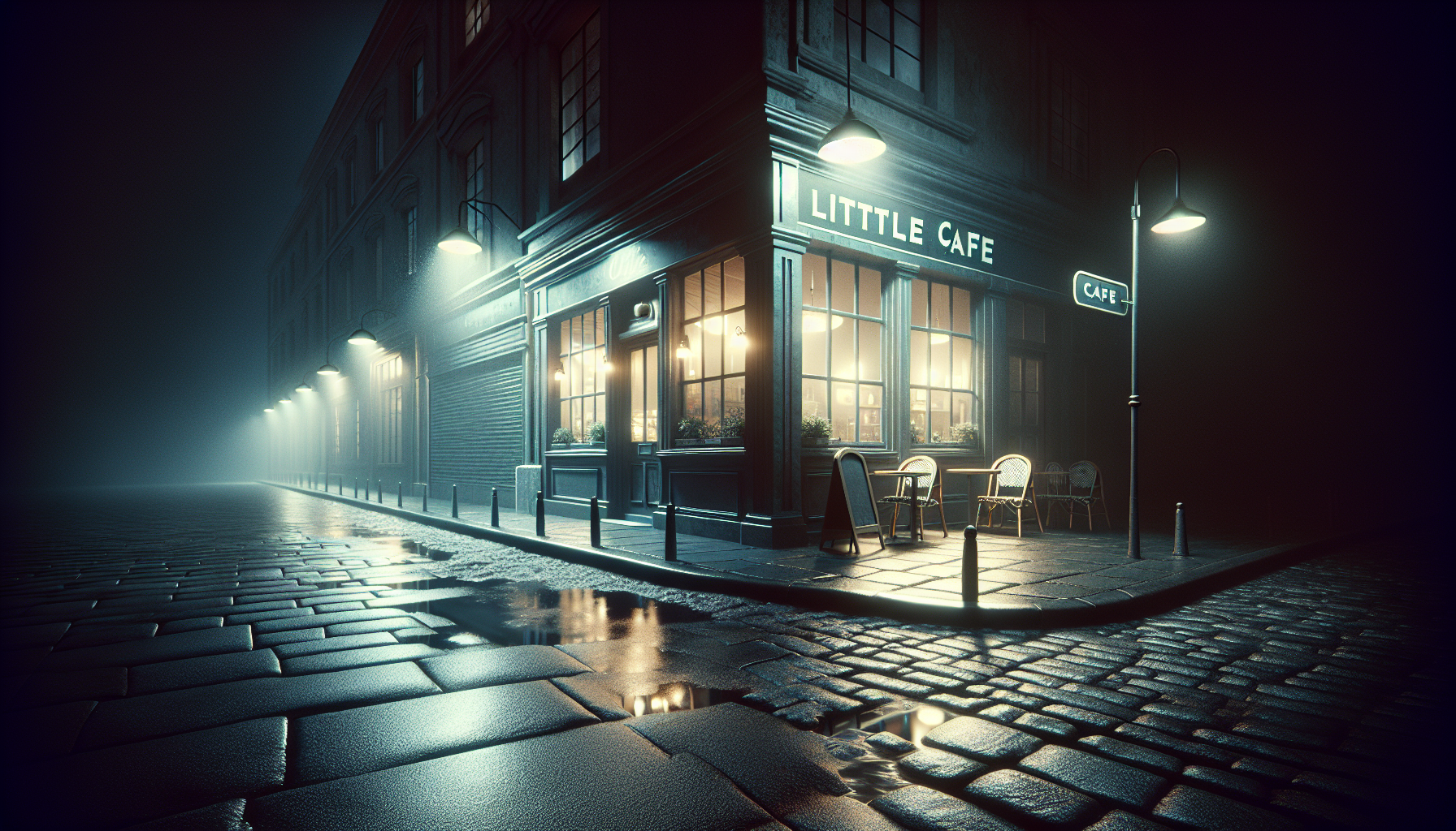 A small café exterior at night with dim street lamps casting long shadows across wet pavement and an empty sidewalk.