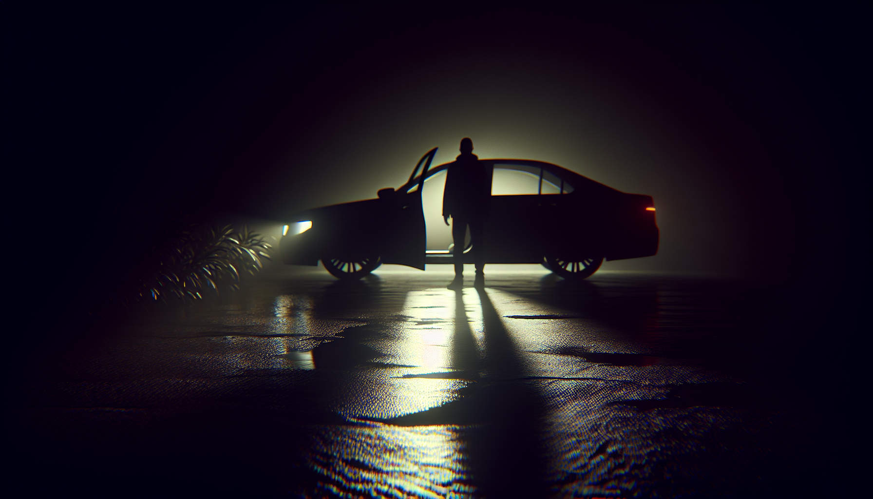A car door left cracked open in shadow, faint light revealing a hidden figure and wet pavement.