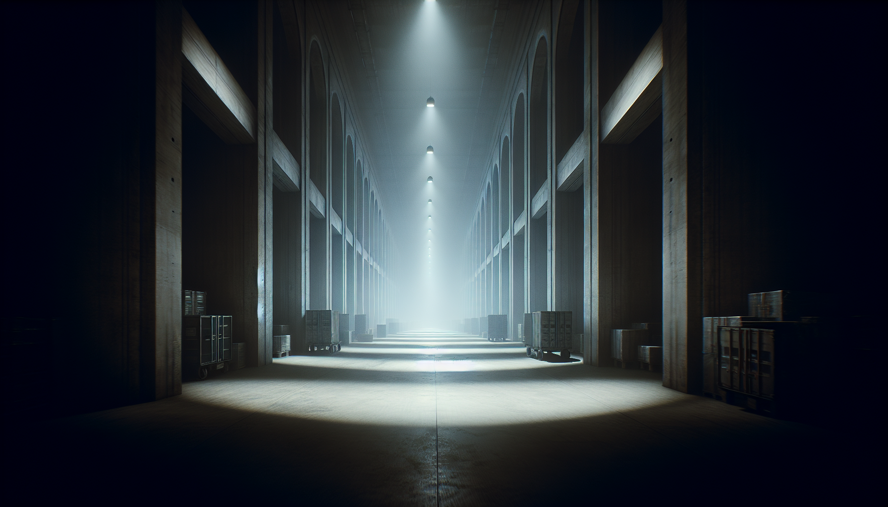 A curved office hallway at night, shadows and faint outlines hidden by dust and gloom.