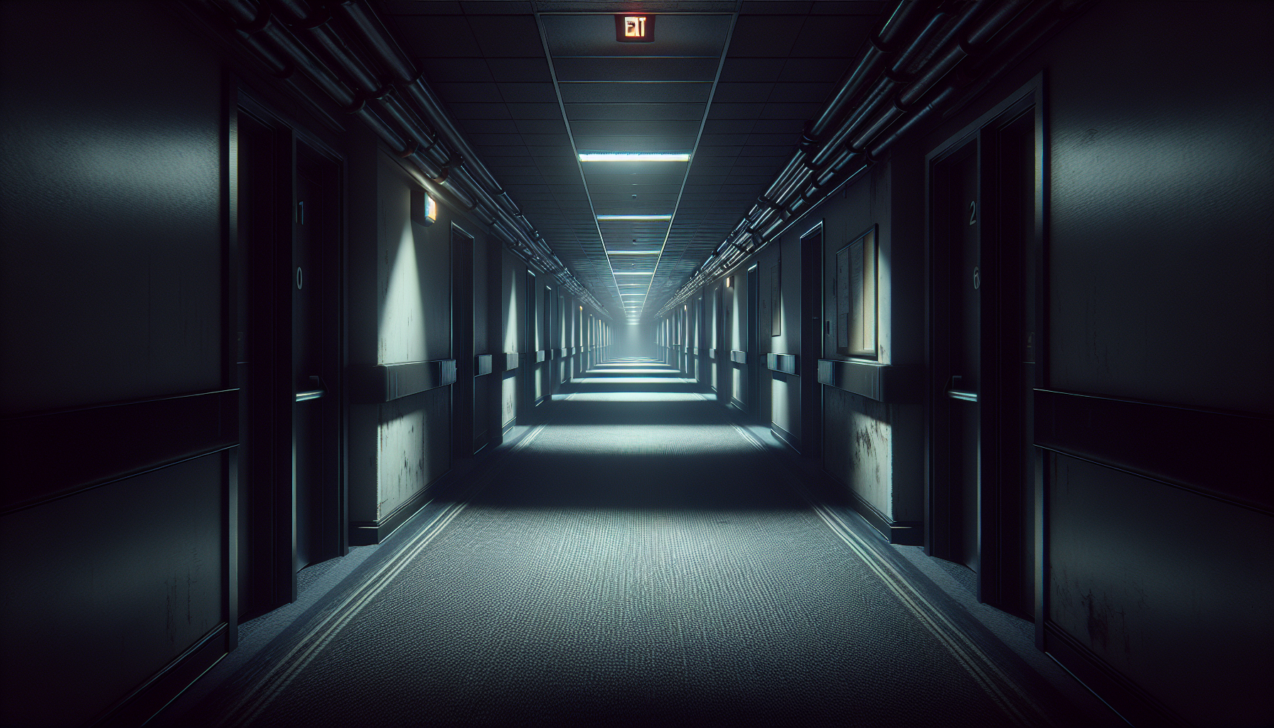 A view down a dark office hallway to exit doors, motion sensor lights flicking off in the distance.