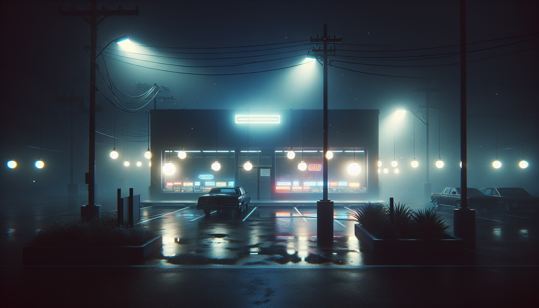 A dark grocery store exterior with neon glows and halos around malfunctioning lights on a humid night.