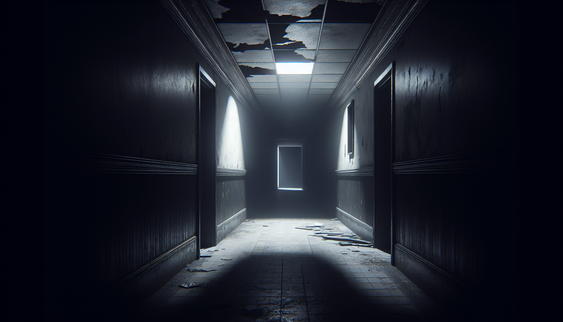 A close-up of a hallway fading into darkness, with faint light on cracked tiles and peeling paint.