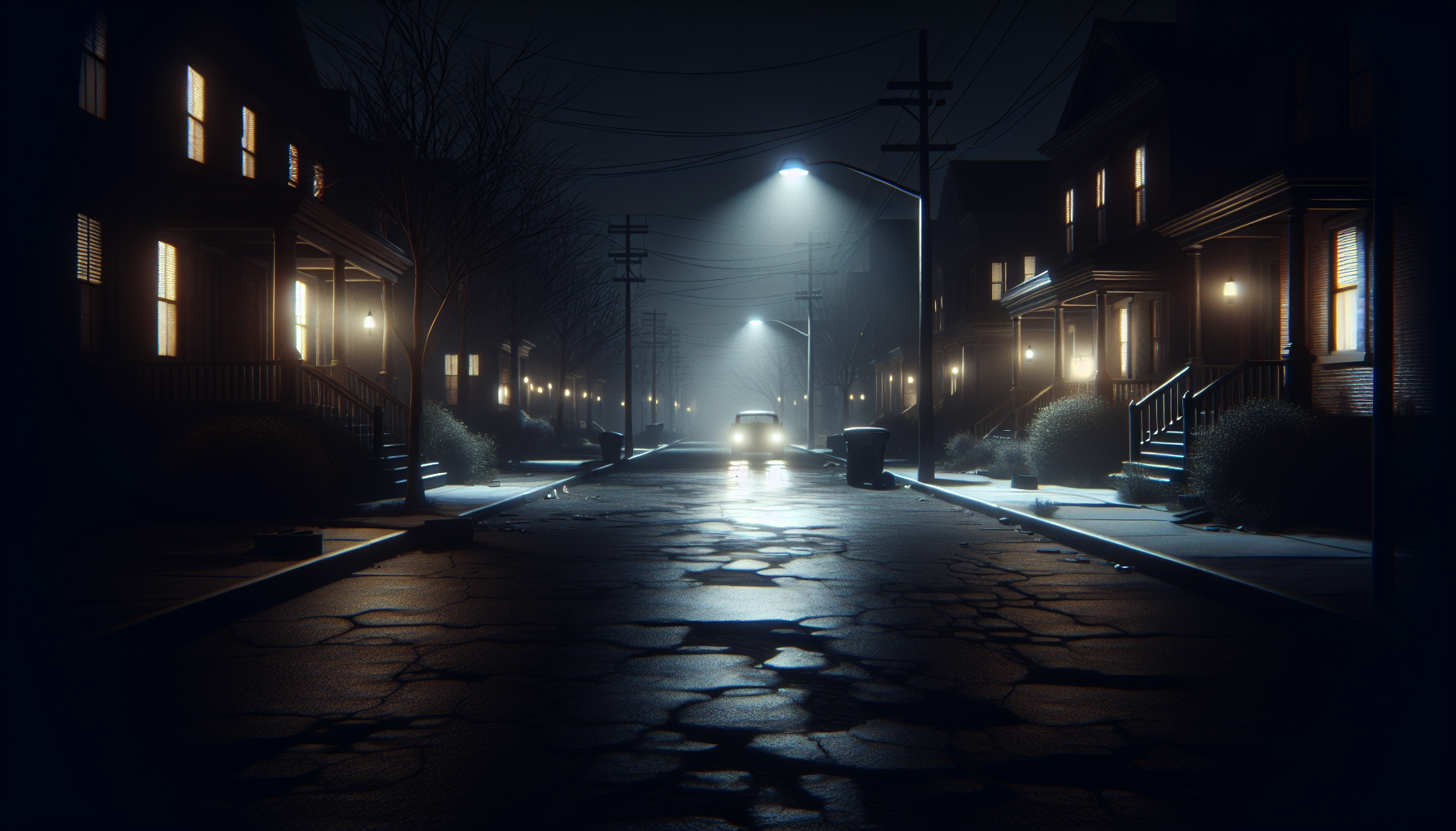 An empty street at night with cracked pavement and scattered debris under soft porch lights, the absence of a car palpable.