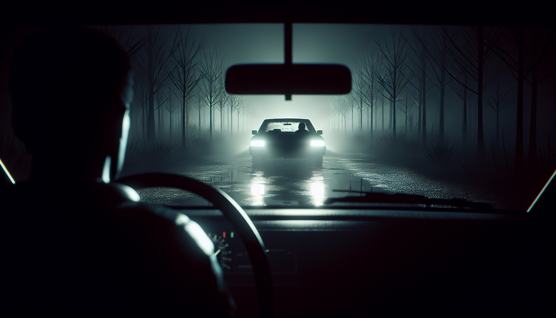 A driver stares at a motionless silhouette inside a dark parked car, shadows stretching across a foggy night road.