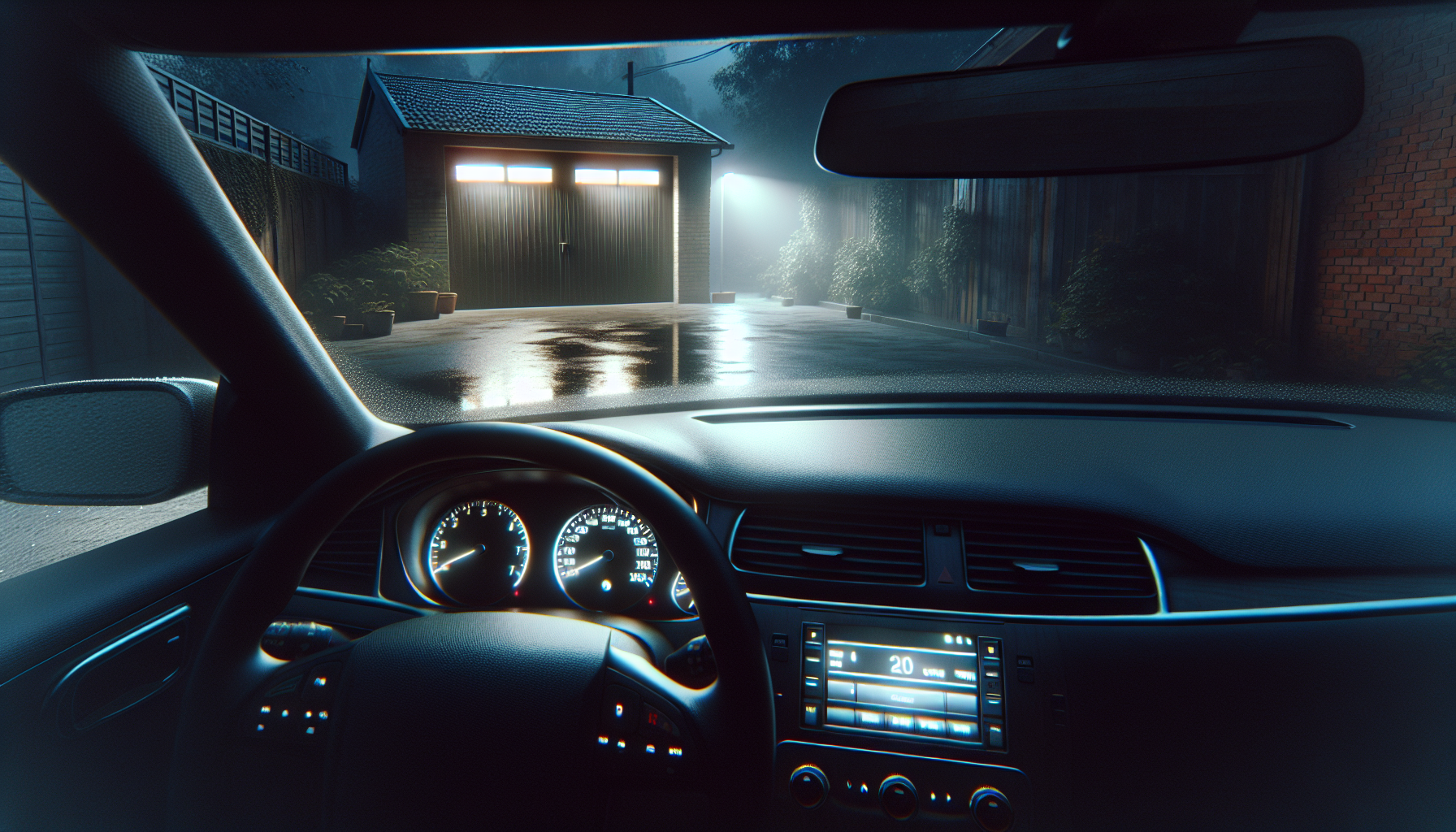 Inside a parked car at night, headlights illuminating a garage door across a wet, deserted driveway.