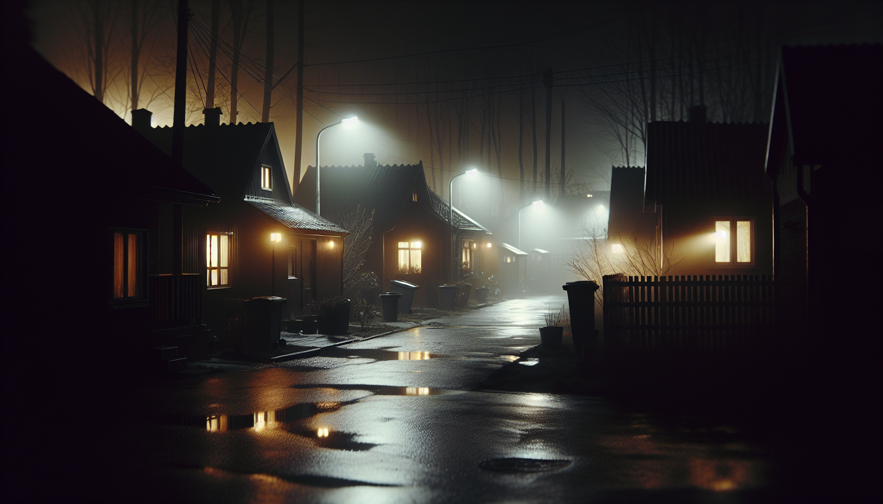 A deserted backyard street at night, illuminated by faint porch lights and distant lamps, with wet asphalt and a subtle chemical mist gathering near the ground.
