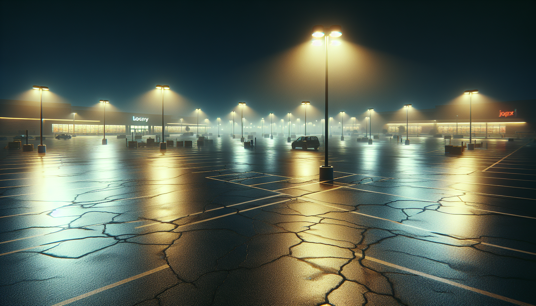 A nearly empty grocery store parking lot at night illuminated by flickering street lamps and distant fog.