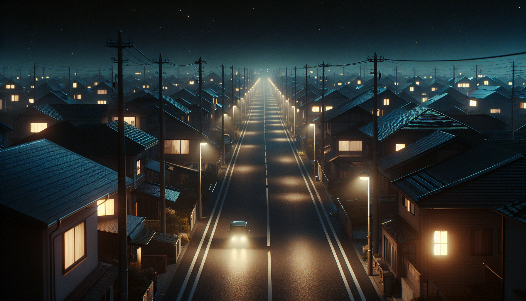 A deserted main road at night with quiet houses and dim streetlights under a wide dark sky, the stillness thick with unease.