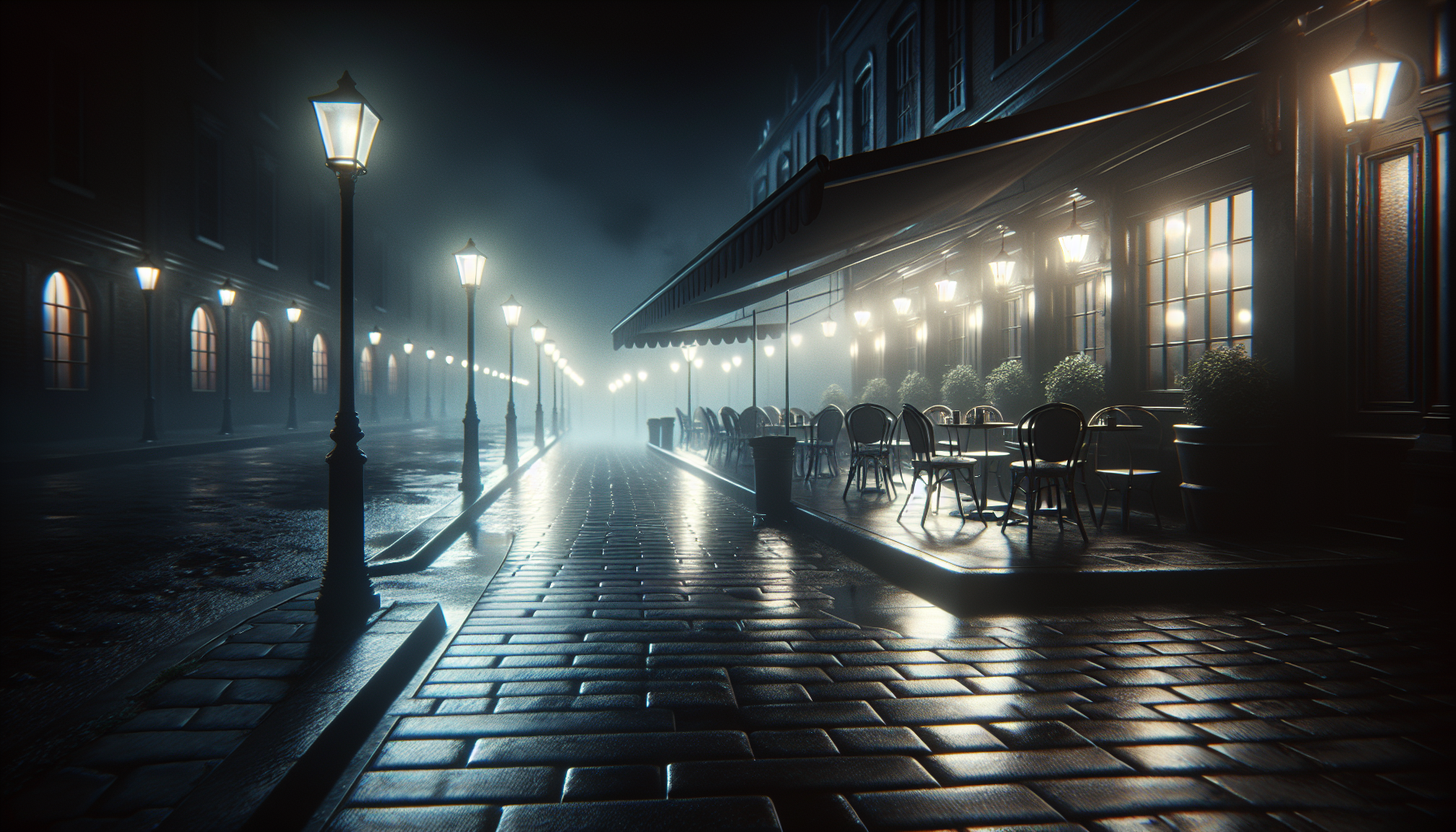 A dark, empty sidewalk outside the café at night, with flickering lamps and drifting fog on reflective pavement.