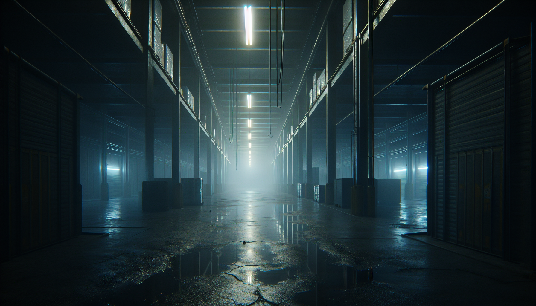 A deserted storage aisle under flickering fluorescent lights, wet concrete reflecting distant, enigmatic shadows.