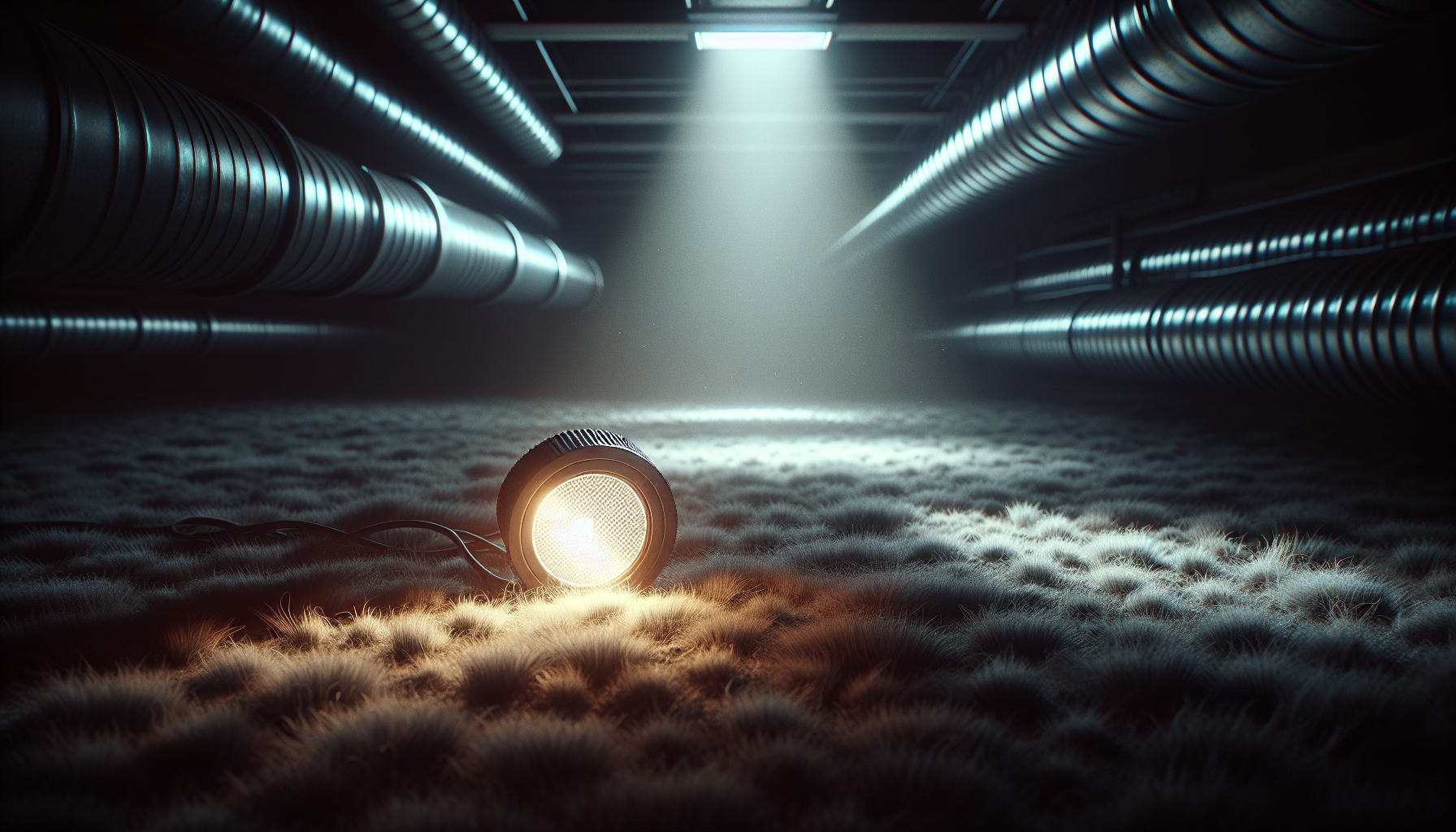 A flickering sensor light glows uncertainly over worn office carpet, cold ducts above and empty space around.