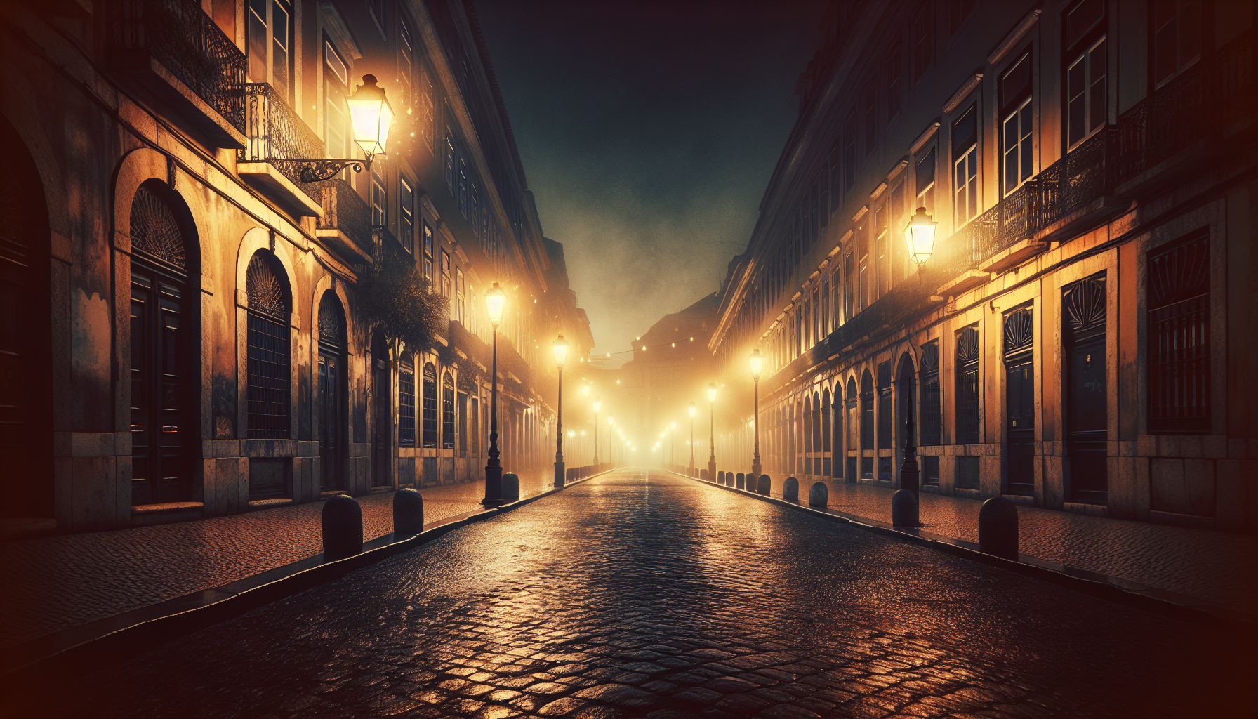 A quiet historic Savannah street at night, humid air glowing softly in dim streetlights over cracked pavement.