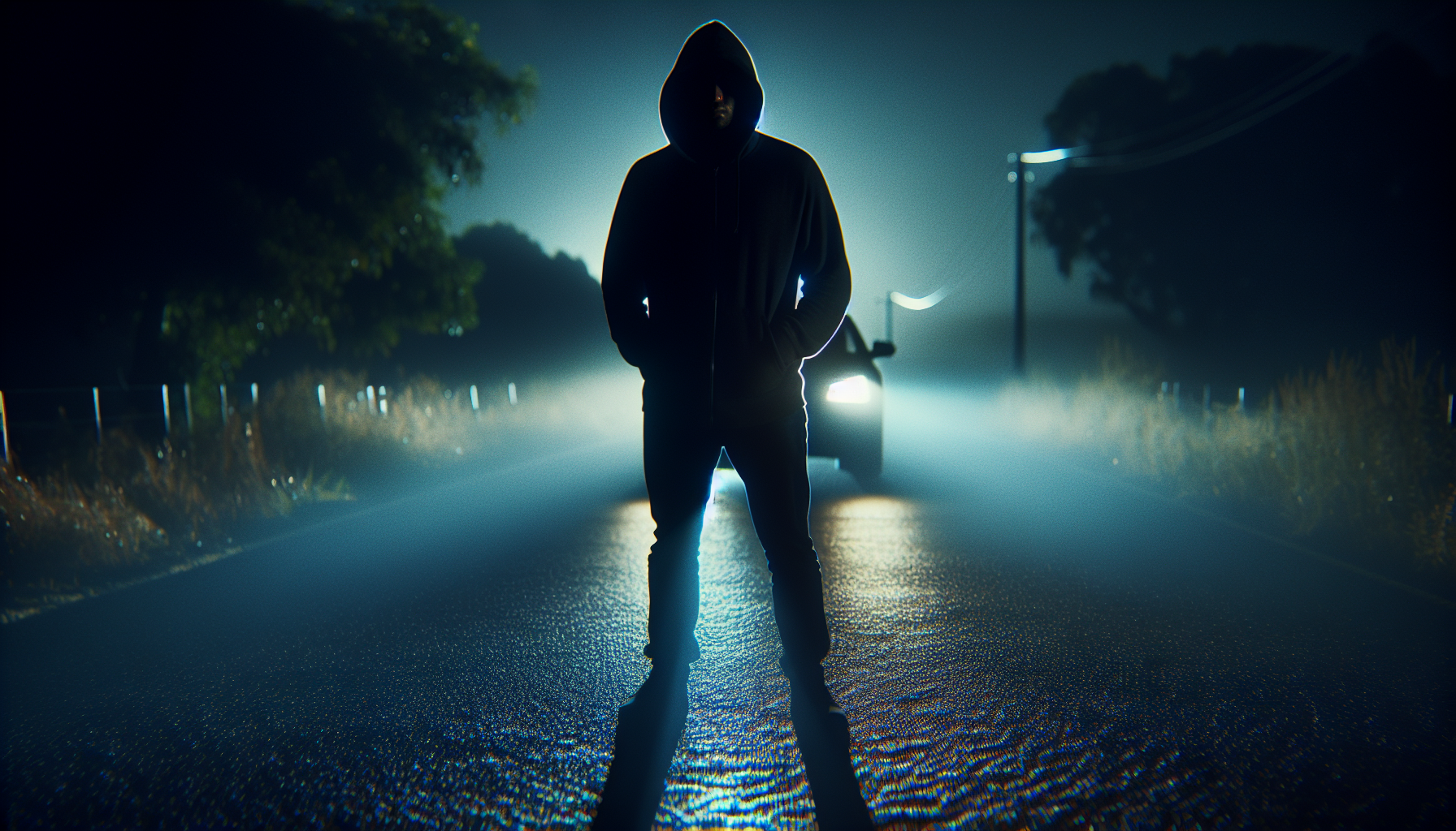 A lone hooded figure stands unmoving in the road, face hidden and body rigid in the harsh glow of headlights.