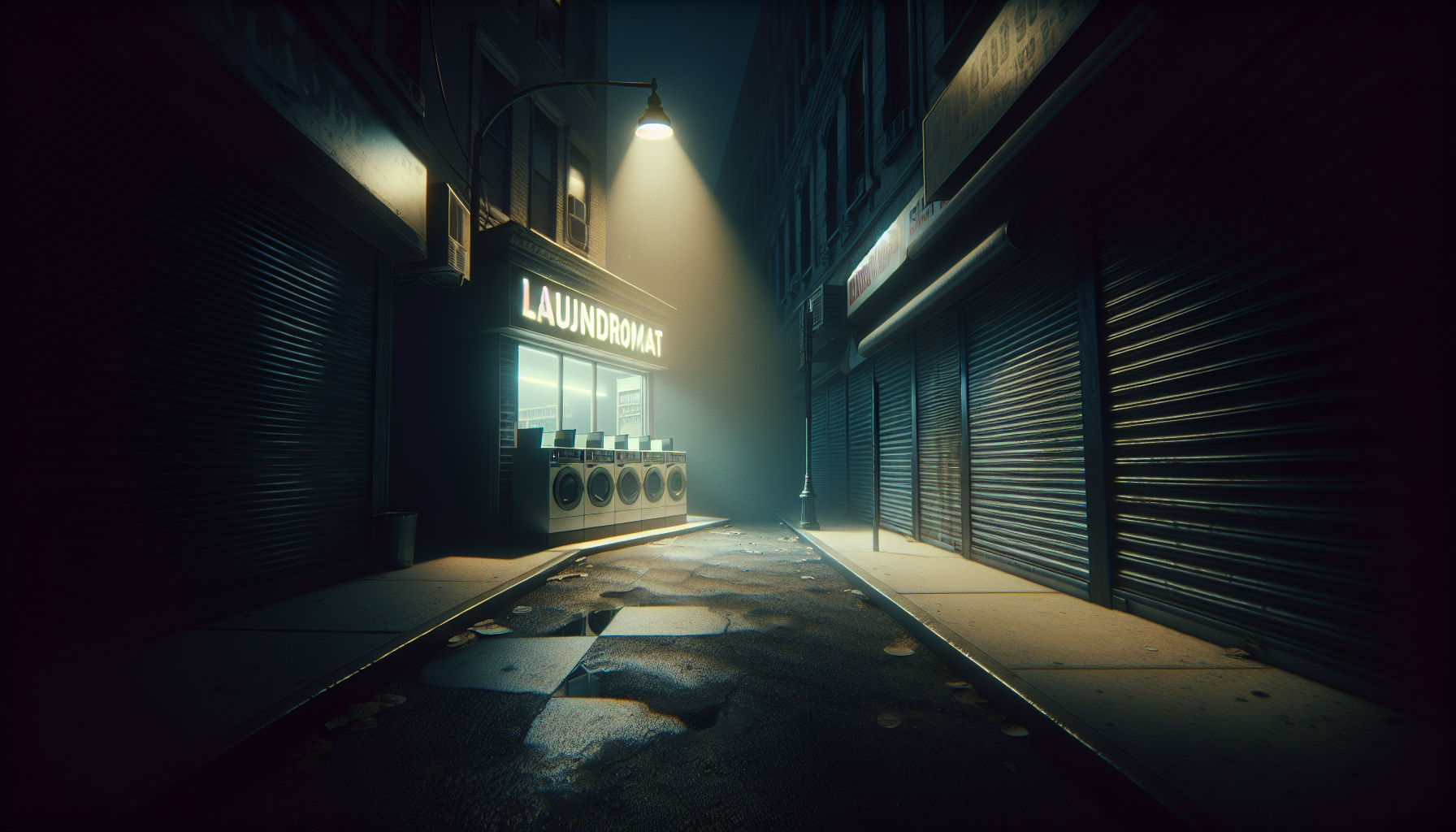 A dimly lit laundromat sits between shuttered storefronts on a dark, quiet street with heavy shadows and pale flickering light.