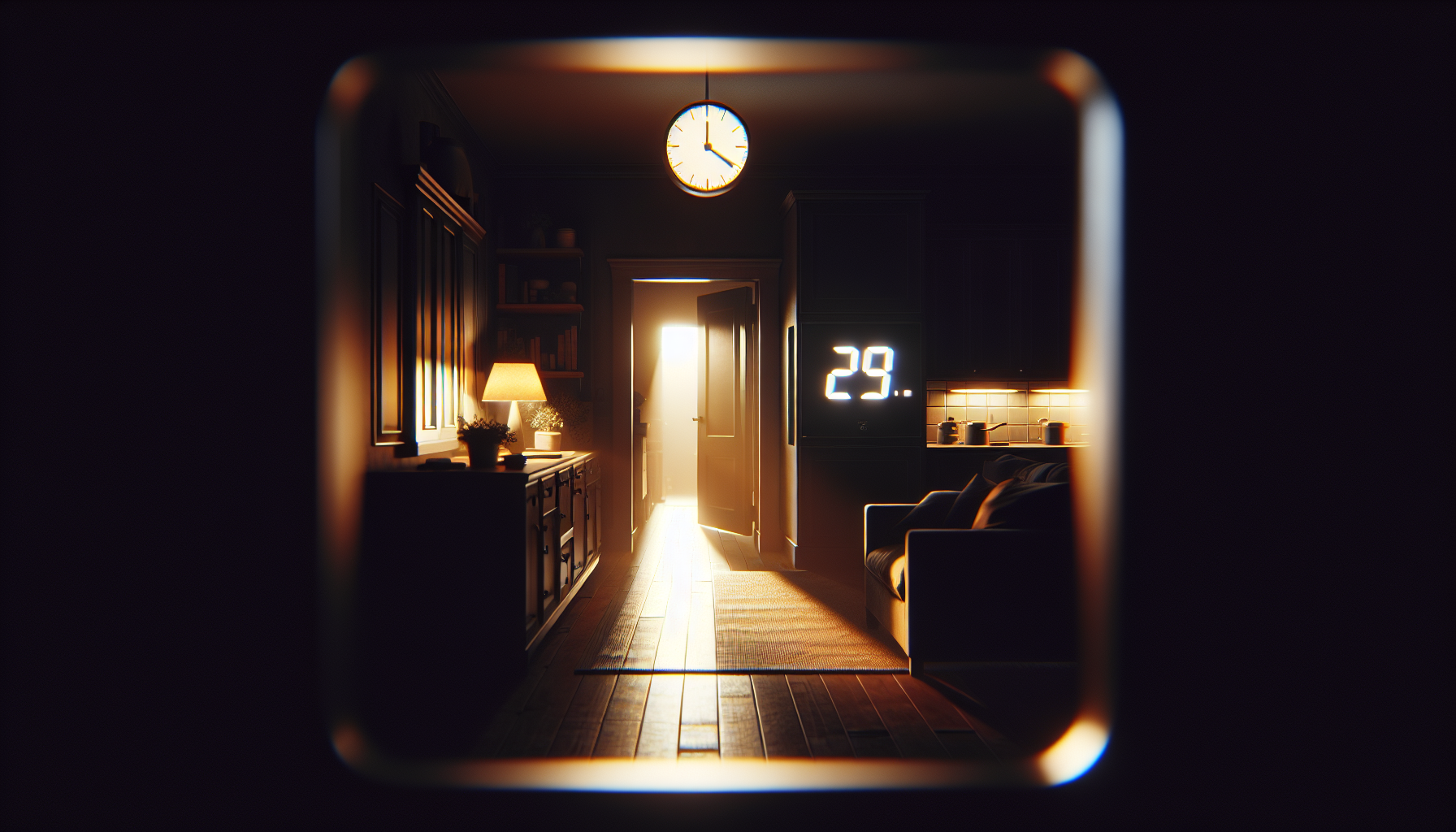 A shadowy living room interior with light from a hallway and the faint glow of a kitchen clock, filled with silent tension.