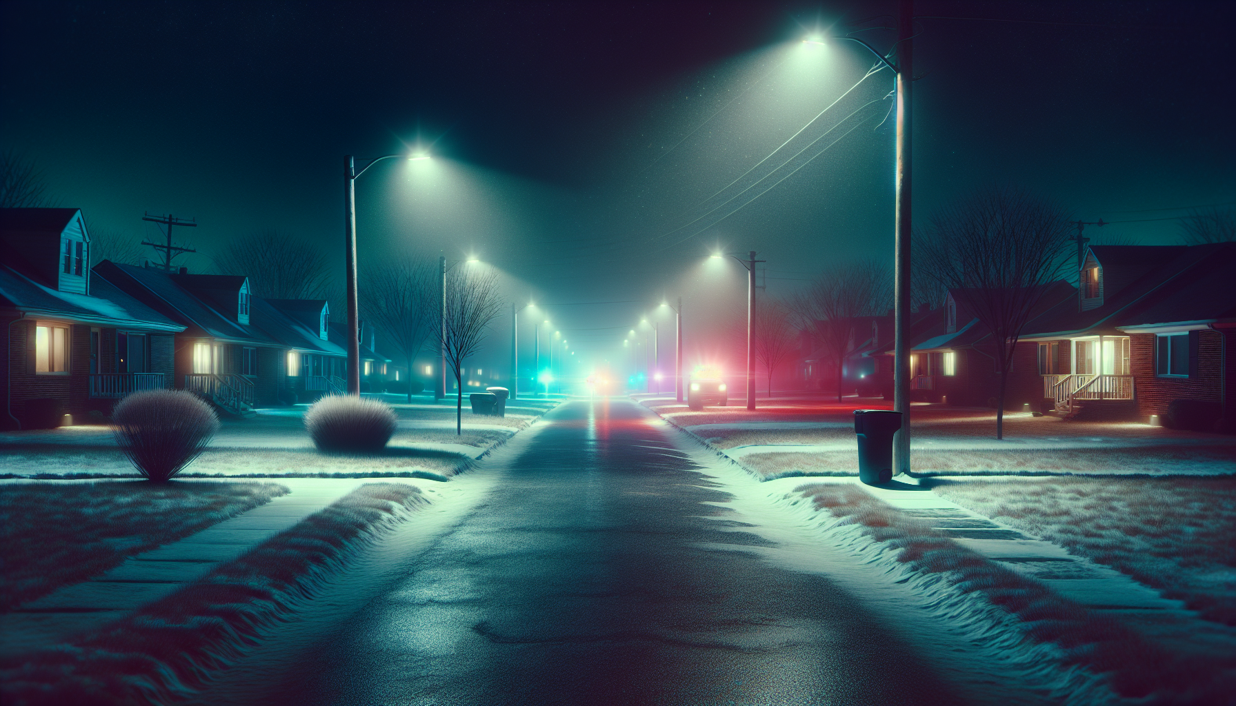 A deserted residential street at midnight with snowy lawns, pale streetlights, and far-off flashing police lights in the cold.