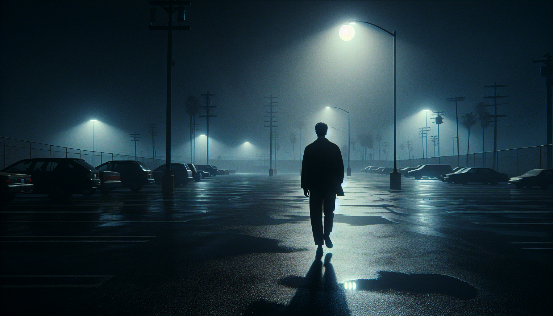 A solitary man walks away across an empty, glistening parking lot under pale streetlights at night.