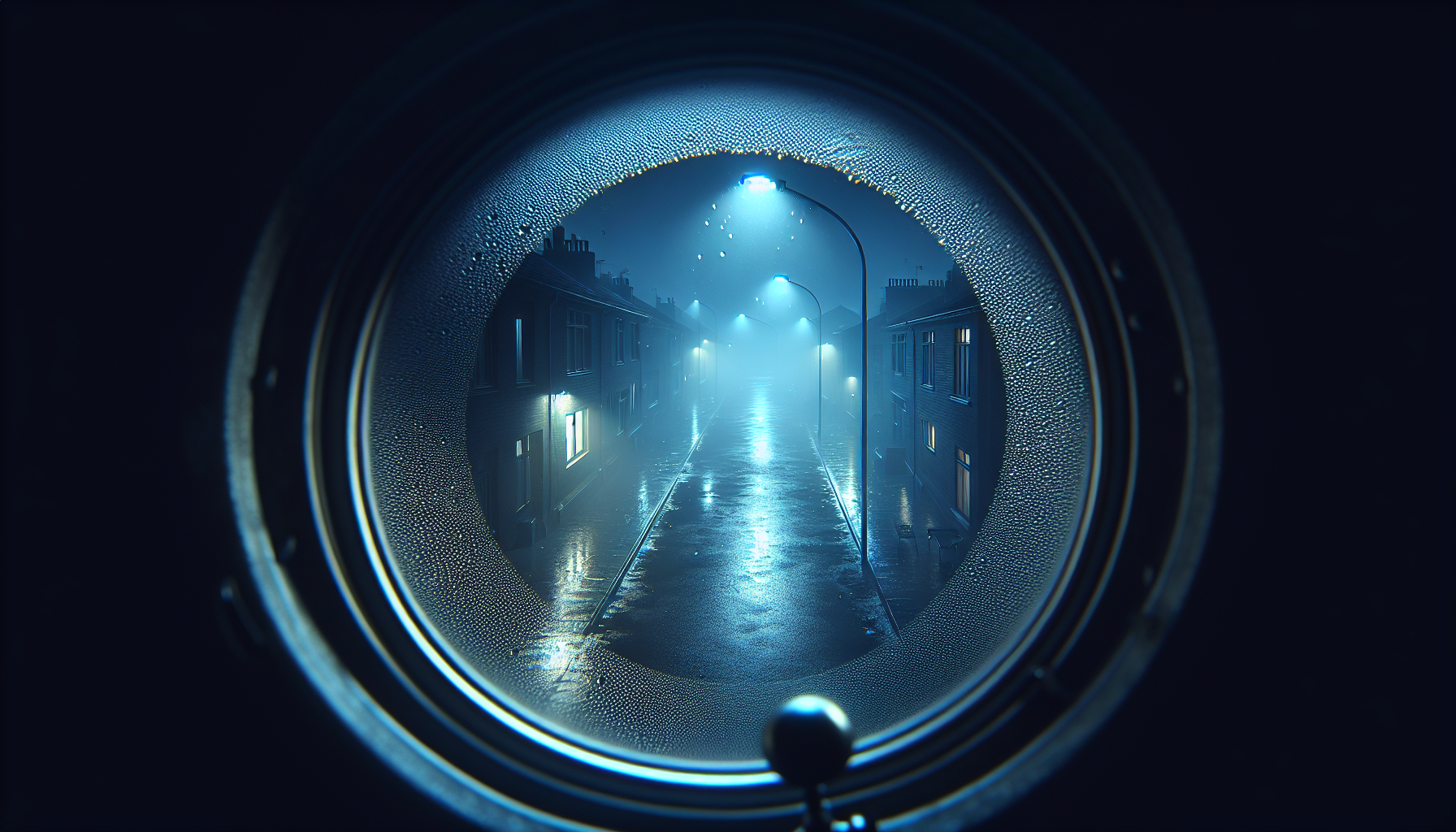 A nighttime view through a frosted peephole showing an empty street blurred with cool blue tones and rain-specked glass.