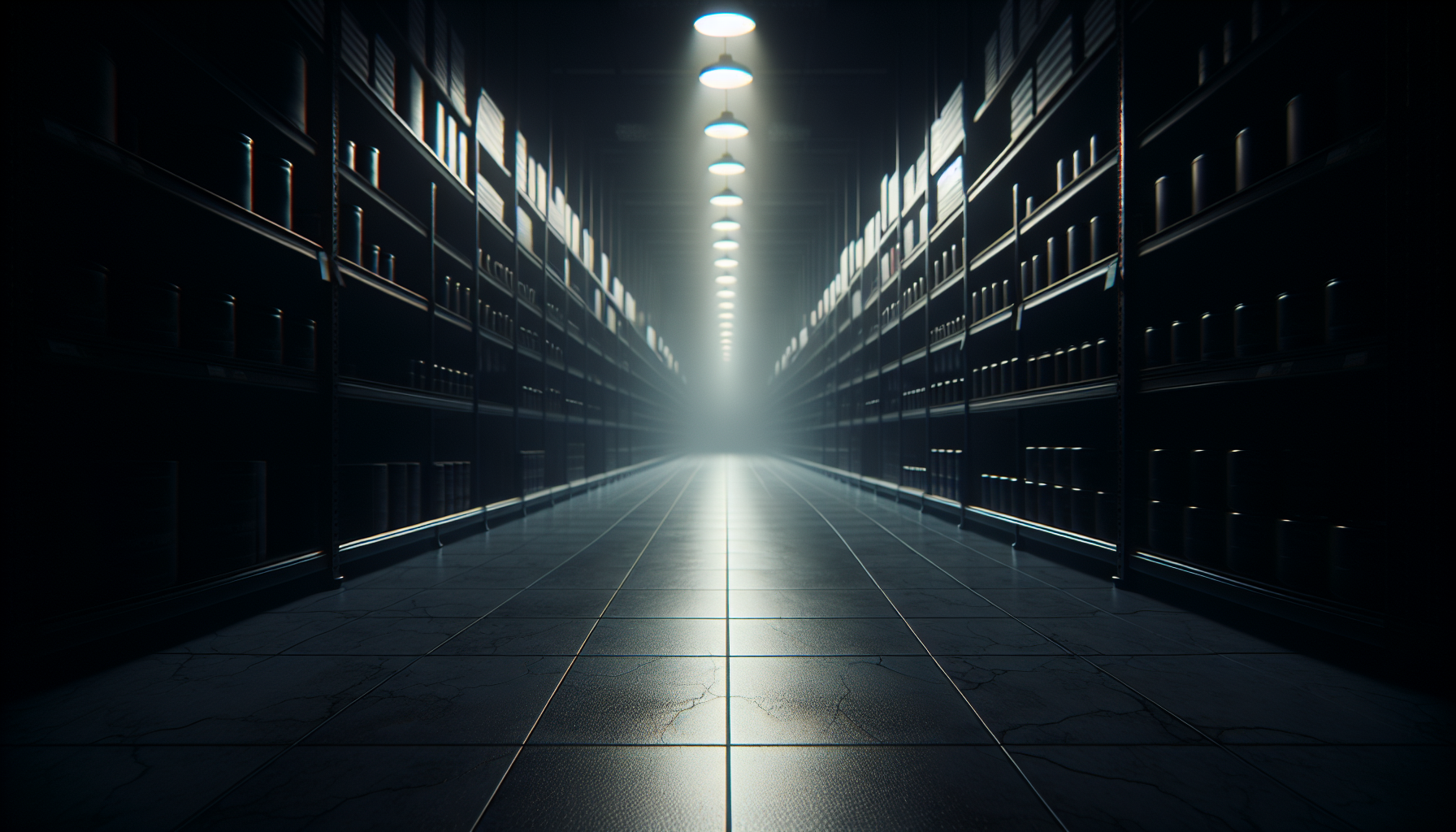 A shadowy pharmacy aisle stretching into darkness with humming lights and scattered dust in the air.