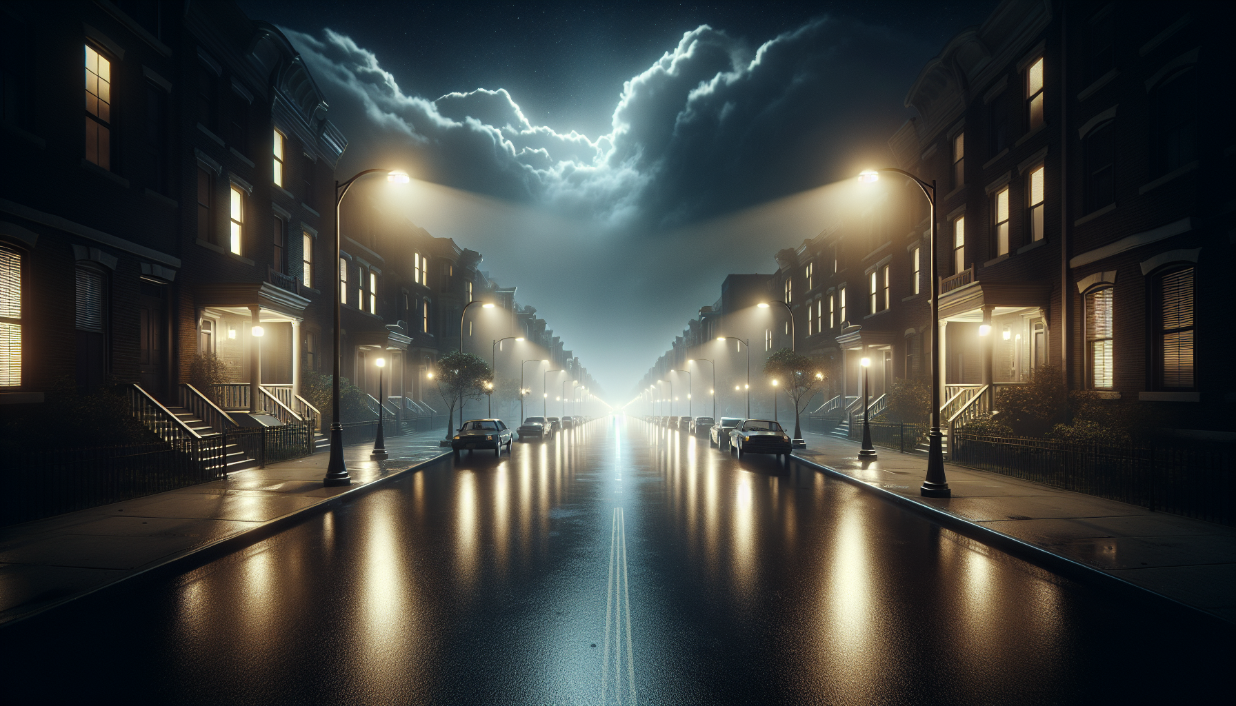 A quiet city street at night with dim porch lights and empty parked cars casting long shadows along damp sidewalks.