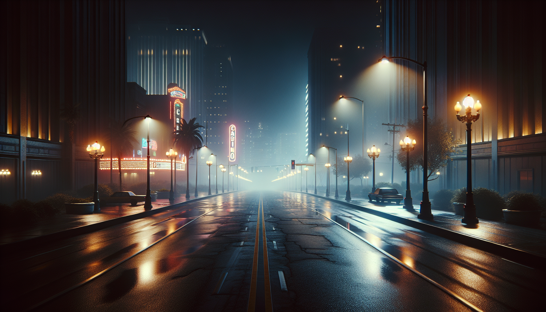 A quiet Reno city street at night with wet asphalt reflecting distant neon and visible cold mist.