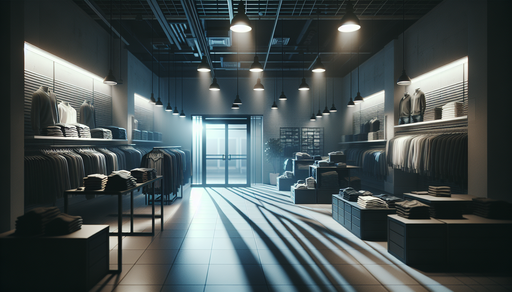 A small clothing store at night with dim fluorescent lights and empty, tidy aisles, quiet and slightly forlorn.