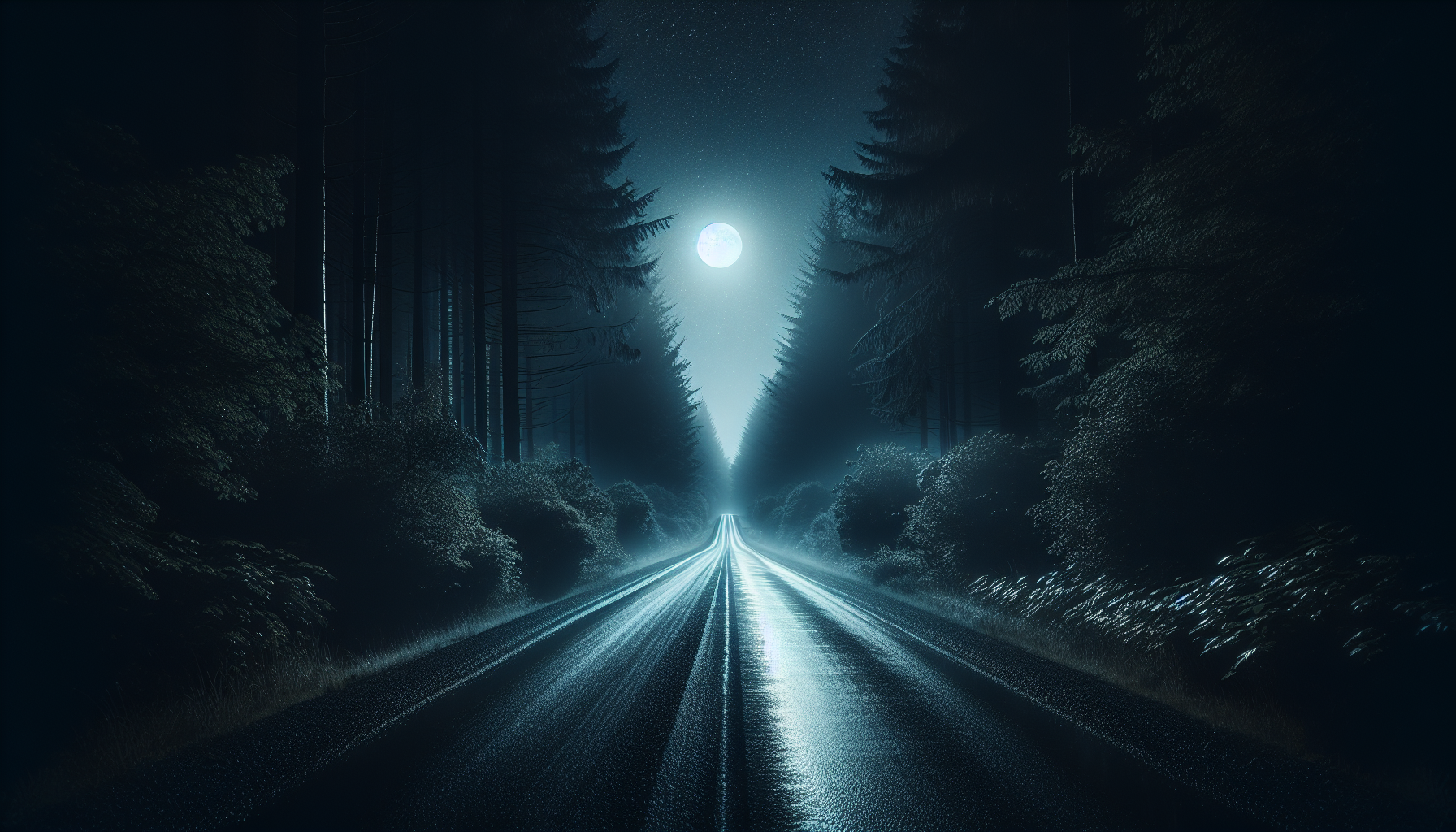 A narrow rural road at night with slick moonlit asphalt and deep tree shadows on both sides.