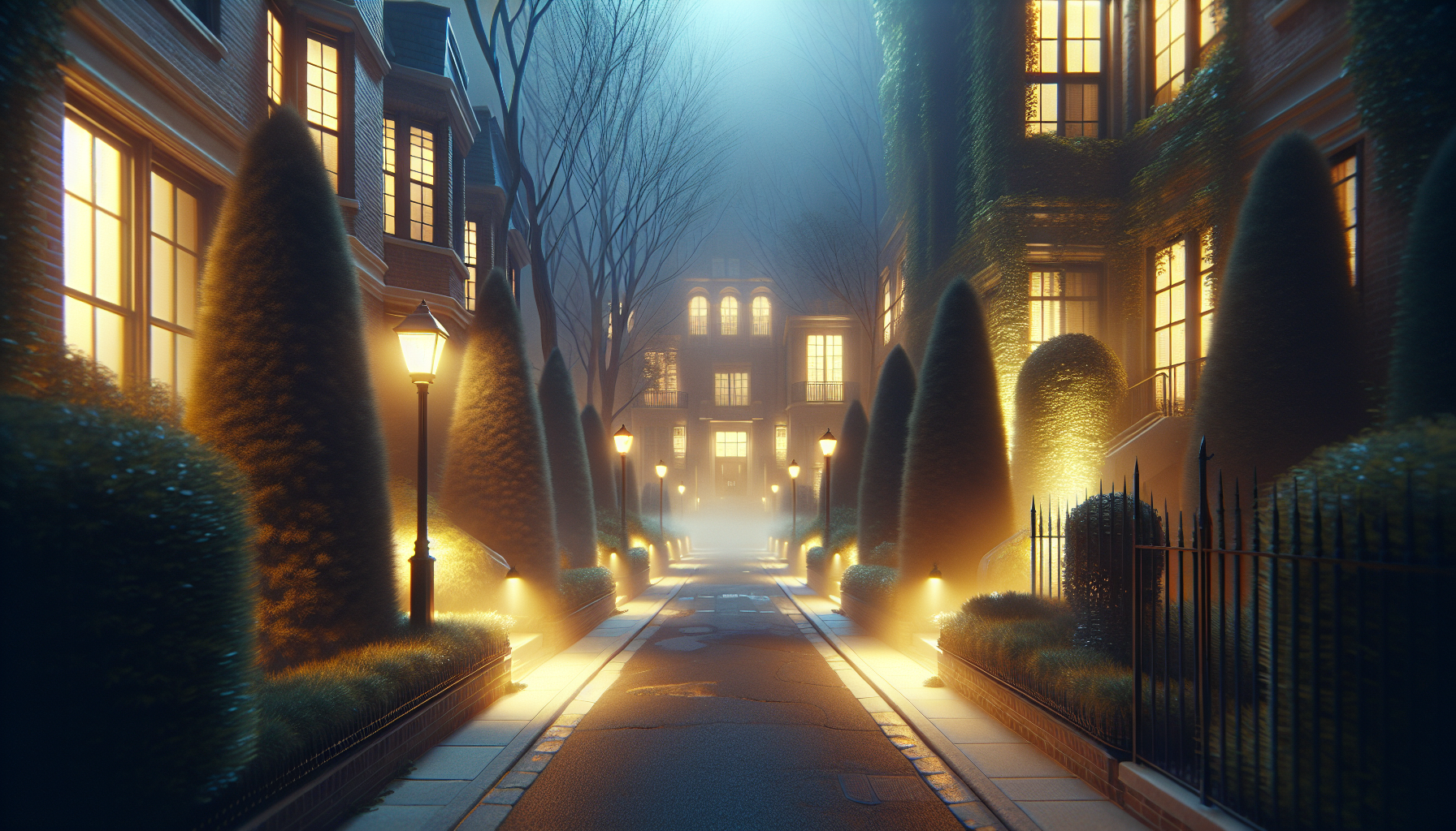 Foggy sidewalks bordered by tall hedges and dark houses, with faint light in the windows and yellow streetlights creating a hush over the scene.