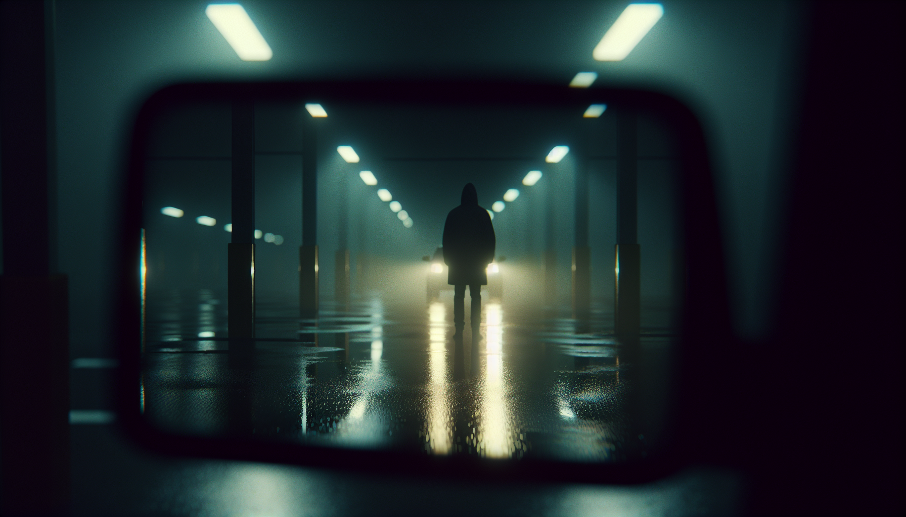 A distant silhouette stands motionless in a dark parking lot, seen through a rearview mirror with wet pavement reflecting faint lights.