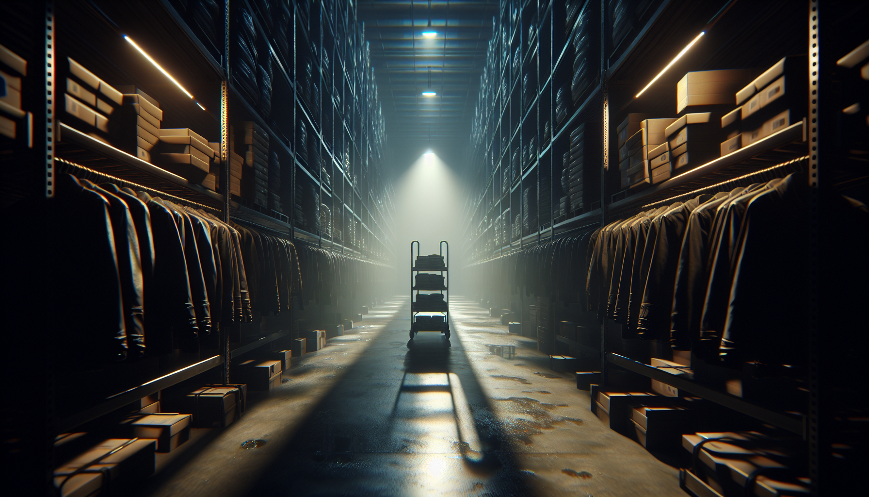 A dim stockroom shows jackets hanging on a tall rack with long shadows stretching into the dark corners.