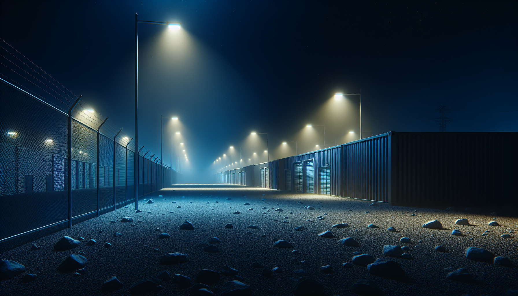 A fenced storage facility under blue moonlight and pale yellow lamps, its empty lot stretching into the lonely night.