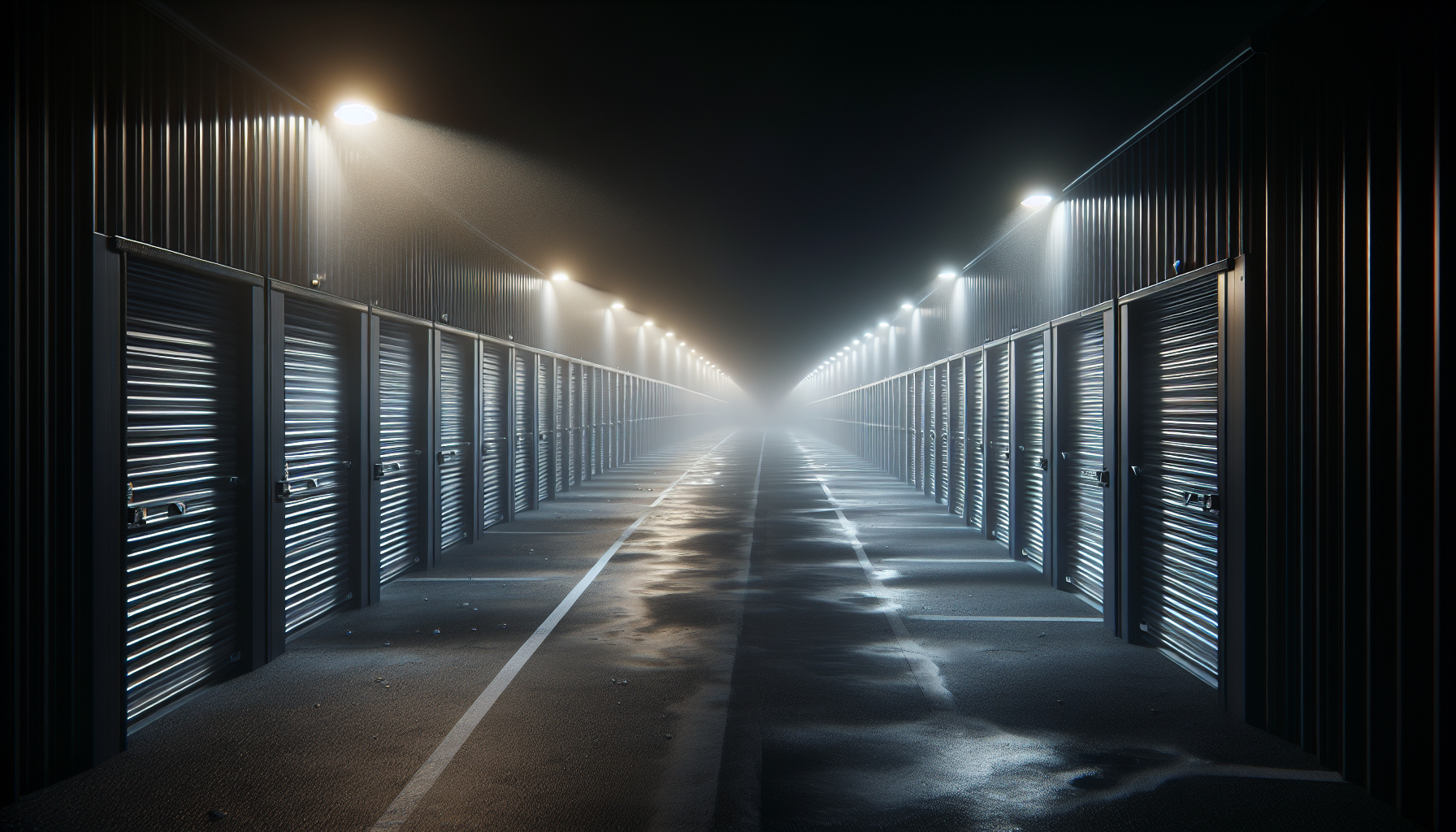 A long row of dimly lit storage units at night, with mist clinging to the asphalt and flickering lights casting eerie shadows.