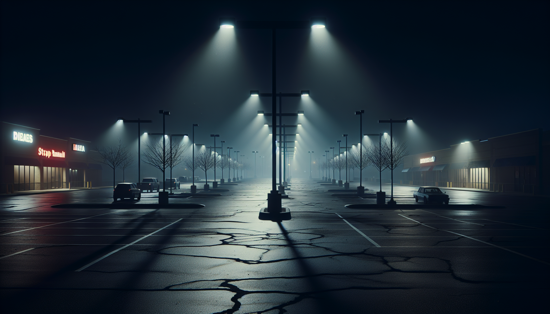 A dimly lit strip mall parking lot at night with scattered flickering lights and patches of early spring fog.