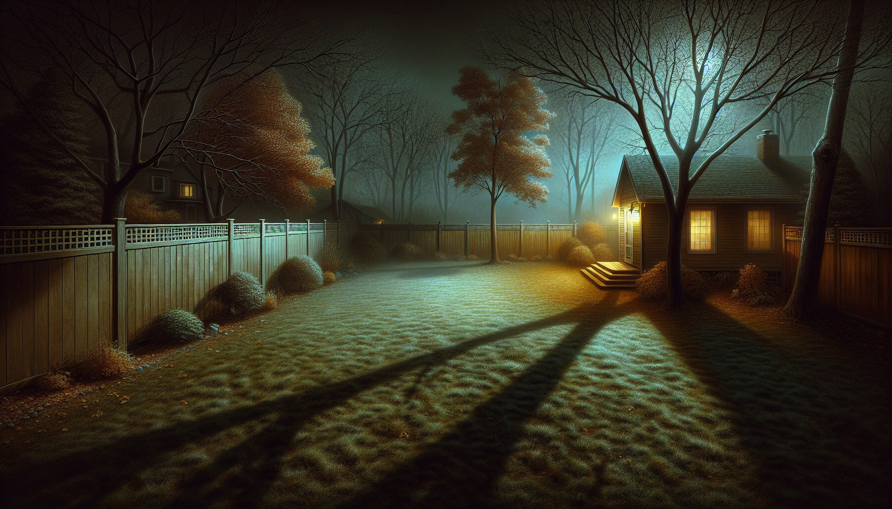 A quiet suburban backyard at night with patchy grass, bare maple trees, and a dim porch light throwing long shadows along a wooden fence in the cold autumn air.
