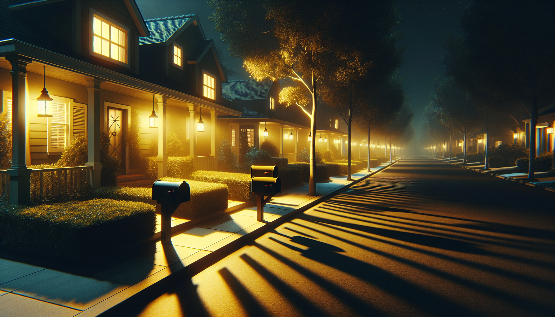A quiet suburban street at night with dim porch lights, identical mailboxes, and long, deep shadows.